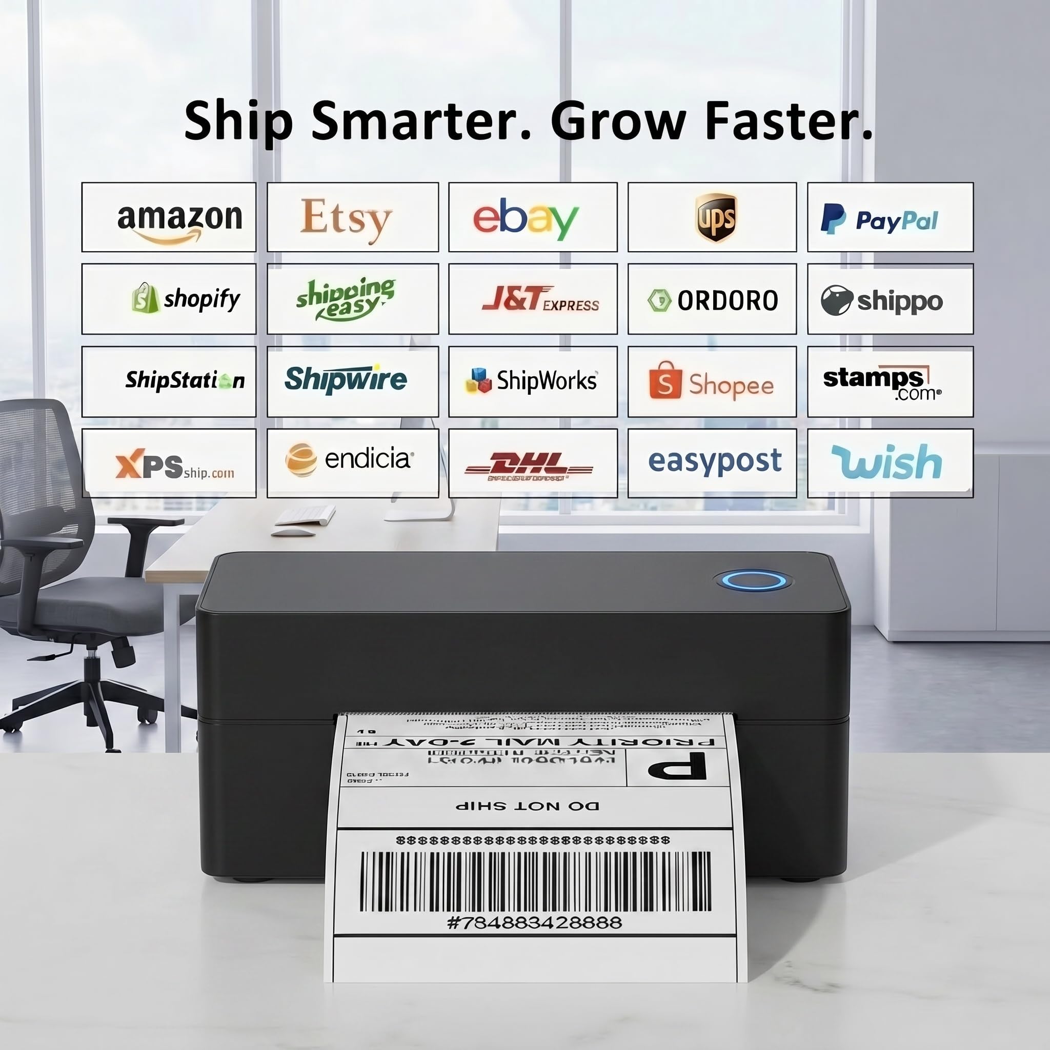 Stampante Etichette Termica Bluetooth 4x6 (100x150mm), per Spedizioni DHL, Amazon FBA & Shopify, Inclusi Supporto, Chiavetta USB (Driver) & 30 Etichette, Compatibile con iOS/Android/Windows/Mac