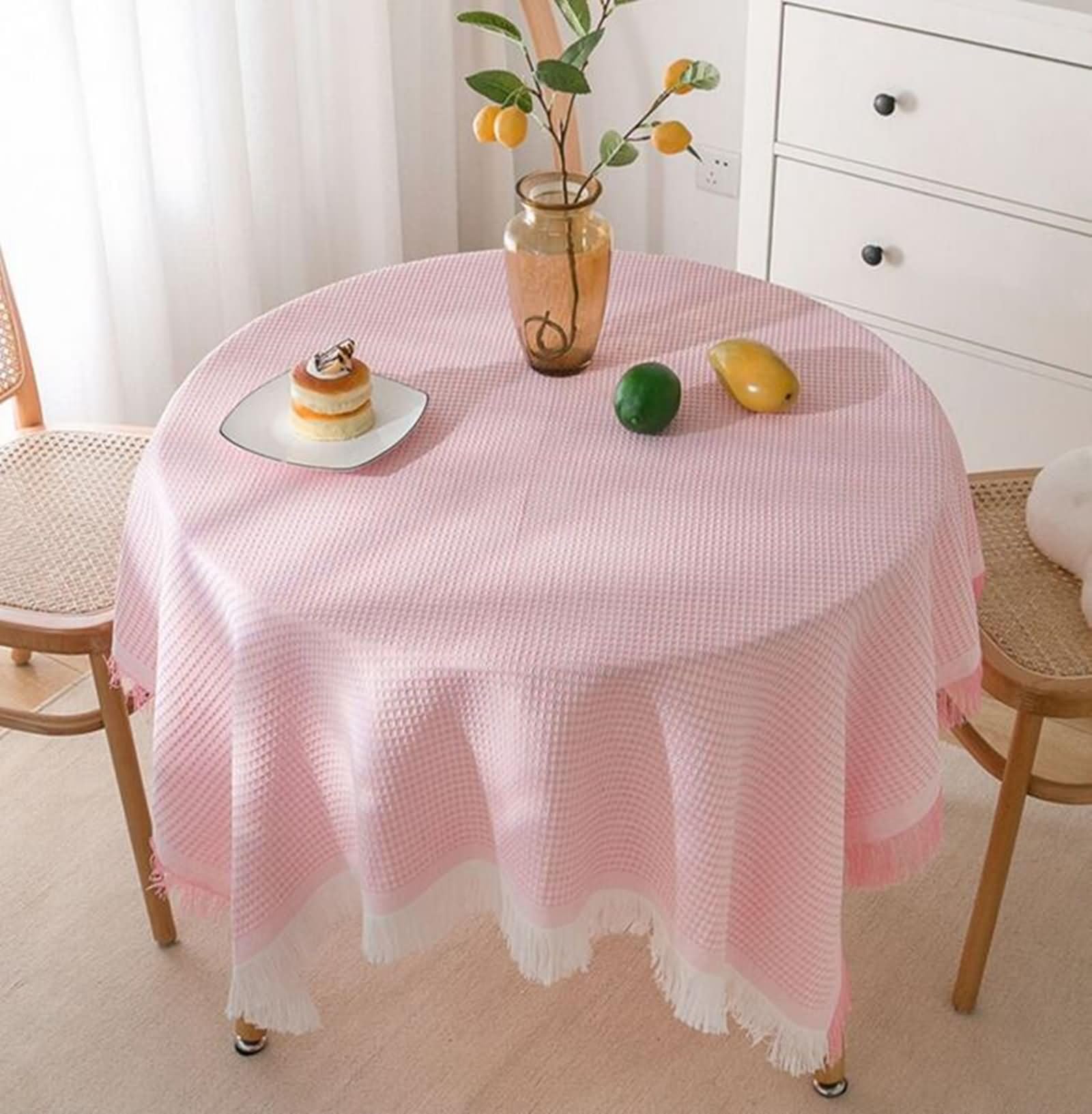 Tovaglia Decorativa Rettangolare, 180x260 cm Tovaglia in tessuto a quadri per sala da pranzo, cucina, feste, con frange, Rosa Bianco, Stile3