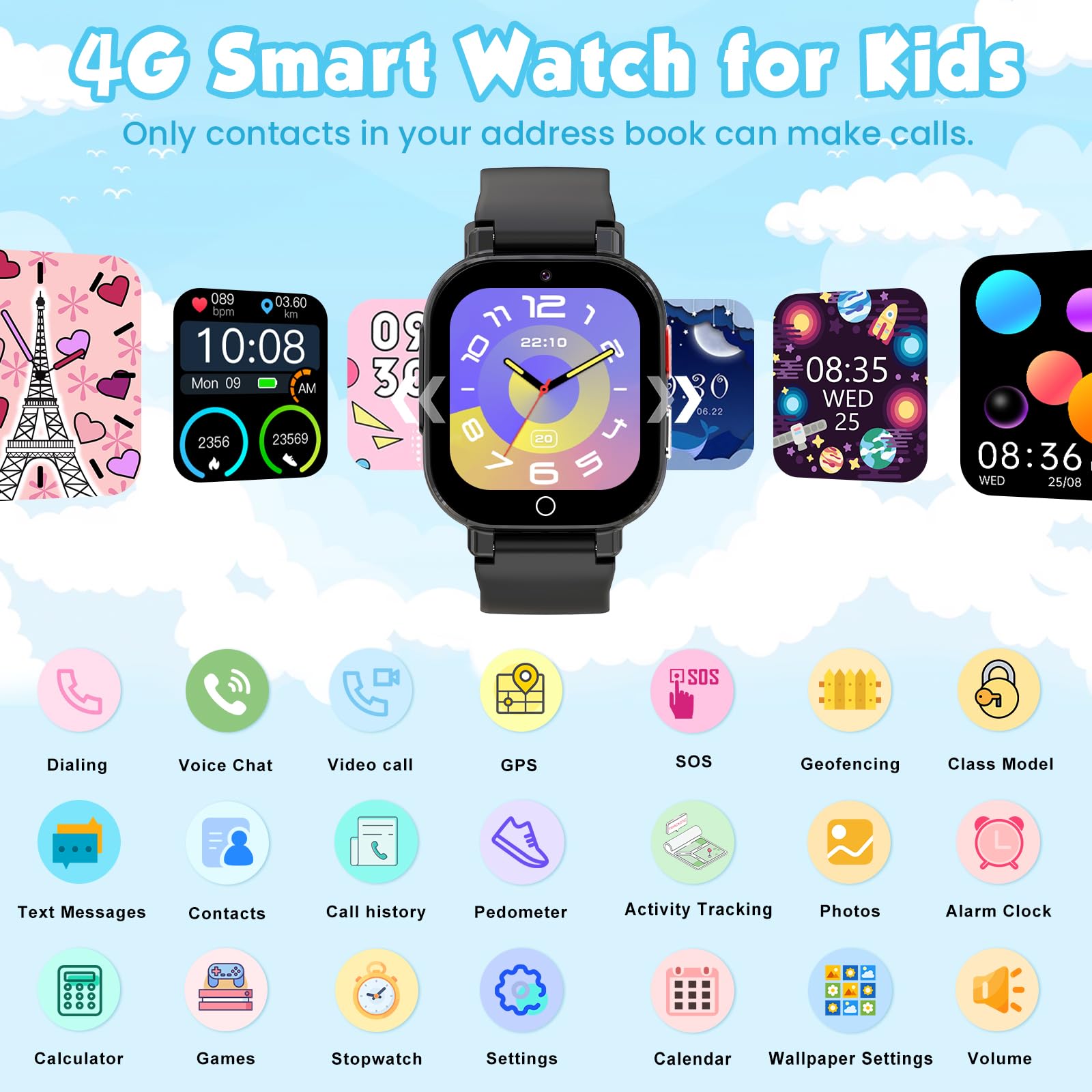 4G Smartwatch Bambini con GPS e Telefono, Orologio Smartwatch Bambini con Videochiamate, Chat Vocale, Modalità Scuola, SOS, Contapassi, Orologio Intelligente Regalo Ragazzi Ragazze 4-12, Nero