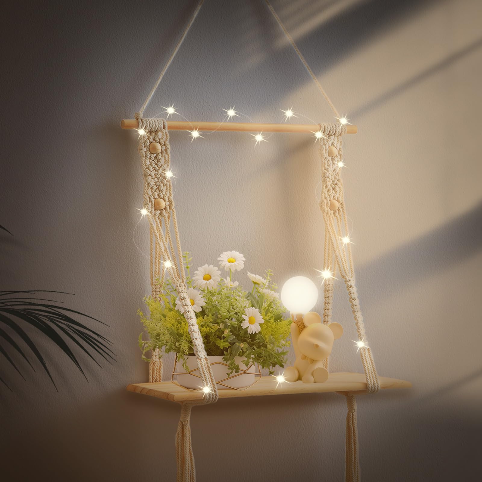 SOSINYA Estanteria Pared Madera,Estilo Bohemio Estanteria Madera,Estante Pared Tejido a Mano,Decoración Pared con Cadena de Luces LED.Estanterias de Pared Apto para salón,Dormitorio,balcón,baño
