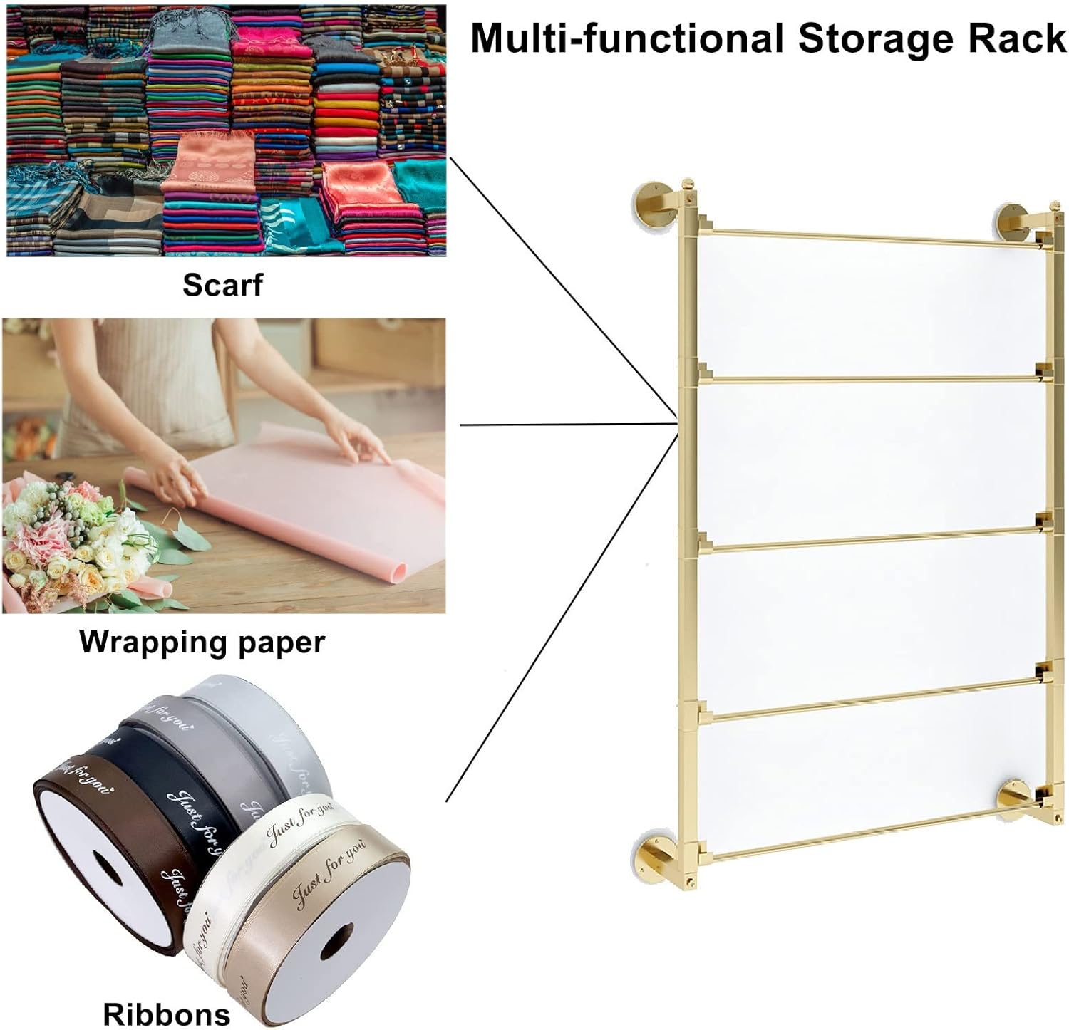 5-Tier Metal Organizer for Gift Wrapping Paper/Ribbon/Jeans,Wall Mounted Scarf Display Stand, Space-Saving(White,70 x 75 m)