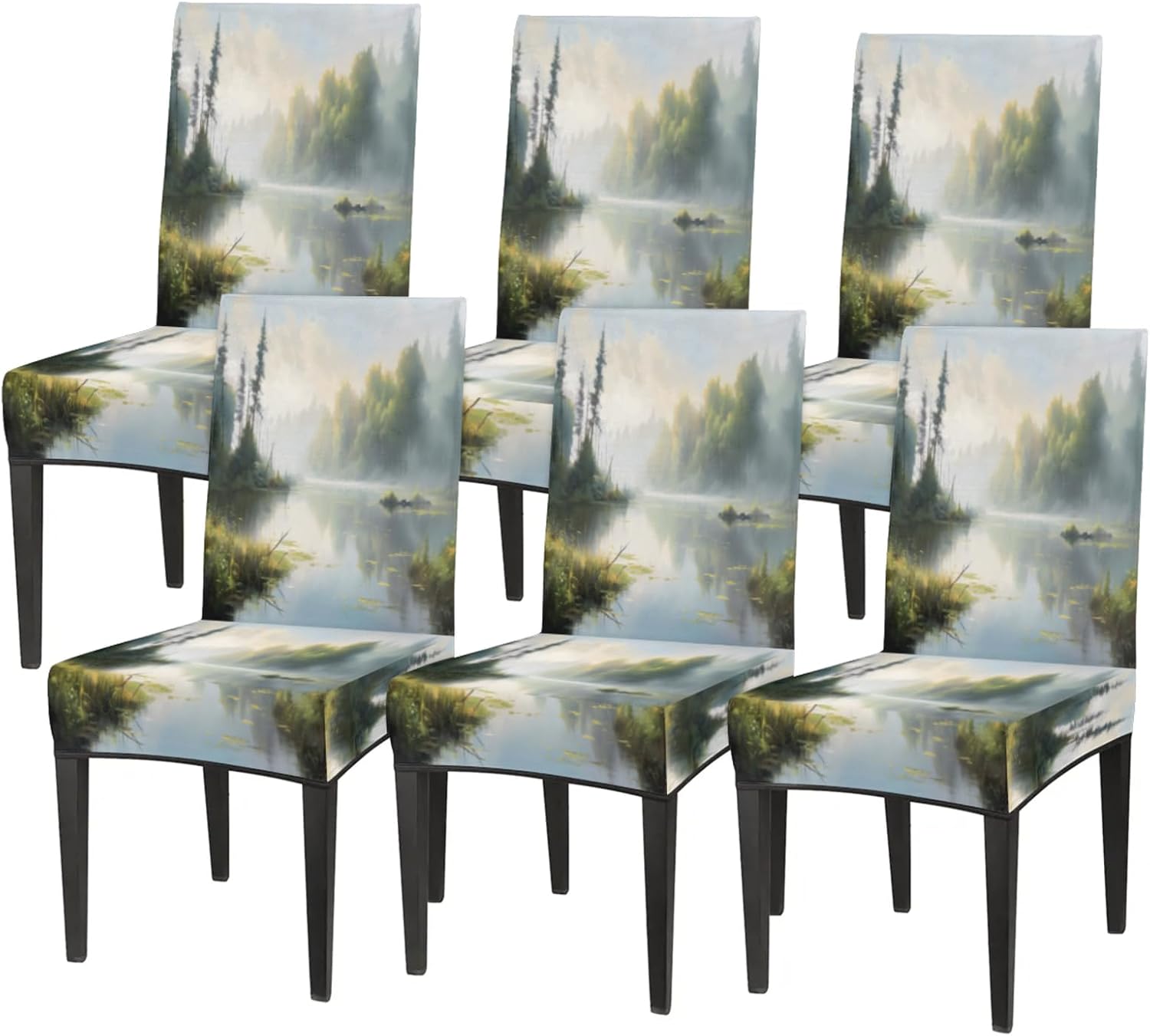 QsirBC Wooded Lake Landscape Stretch Dining Room Chair Covers Set of 6 Chair Slipcovers Removable Washable Kitchen Seat Covers Chair Protectors for Hotel Party Wedding