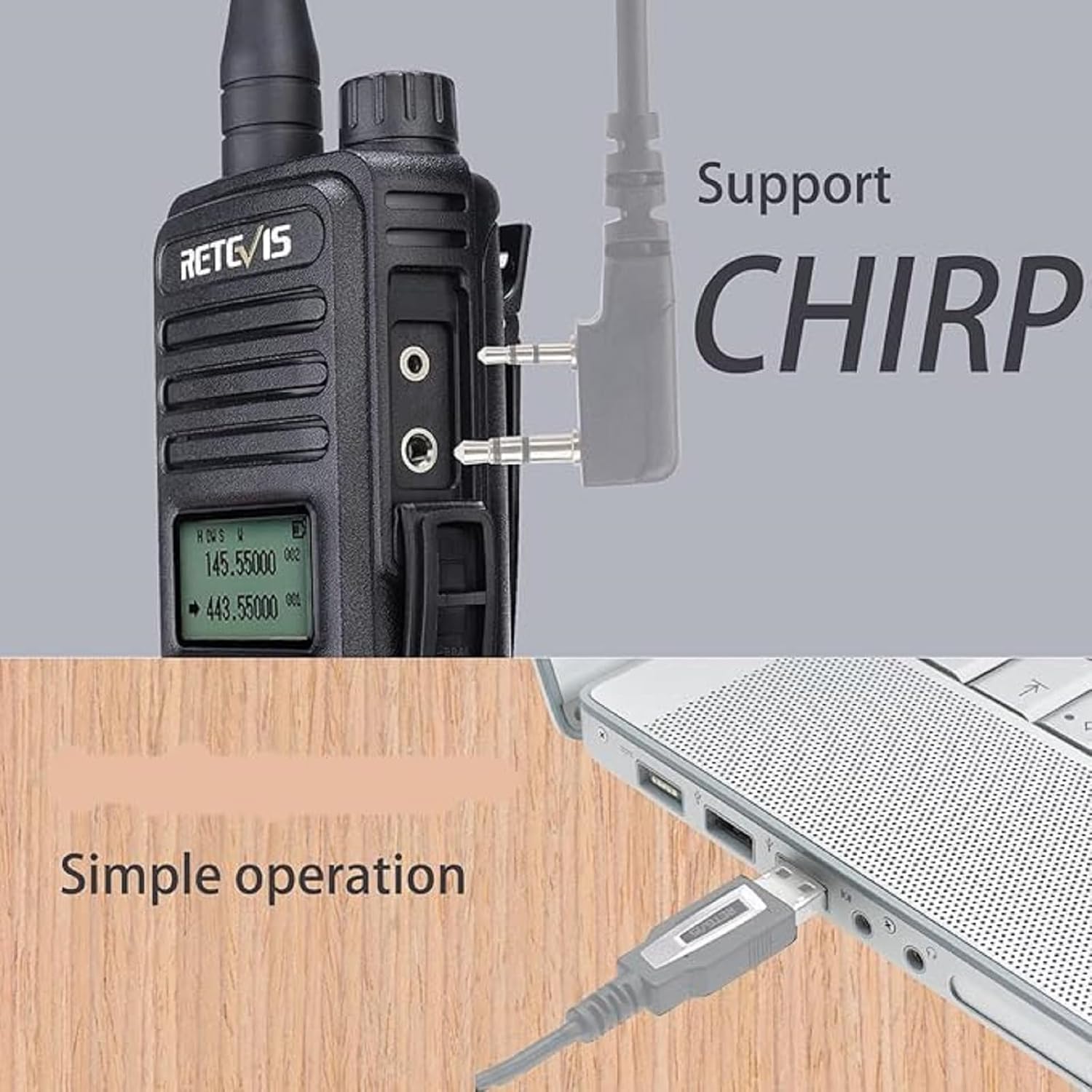 Retevis RT85 radio connected to a laptop for programming via CHIRP