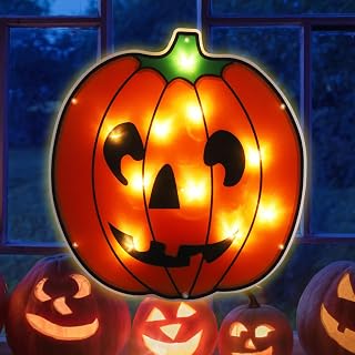 Lighted Halloween Window Decorations, 14" Light up Halloween Window Lights Window Silhouette Pumpkin Sign for Halloween Party Decor with 10 LEDs