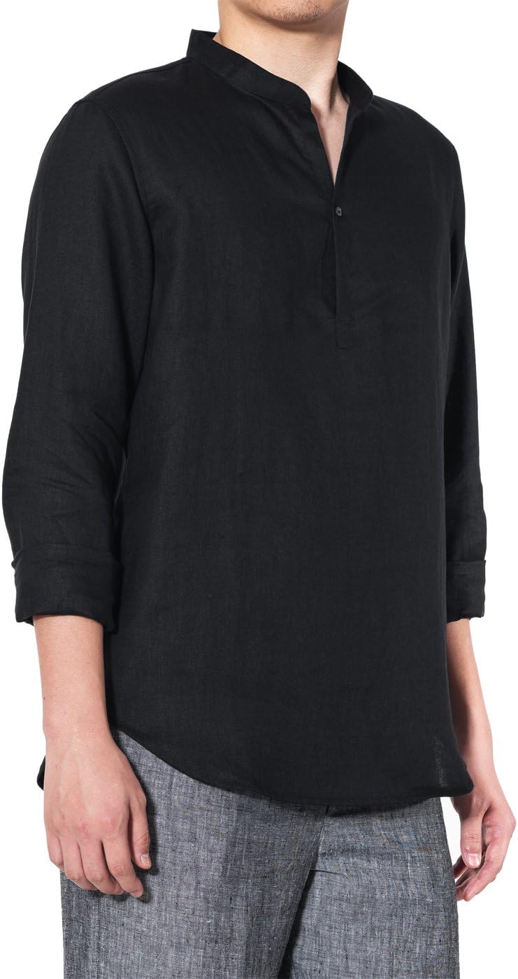 Vivid Linen Long Sleeve Band Collar Men Shirt