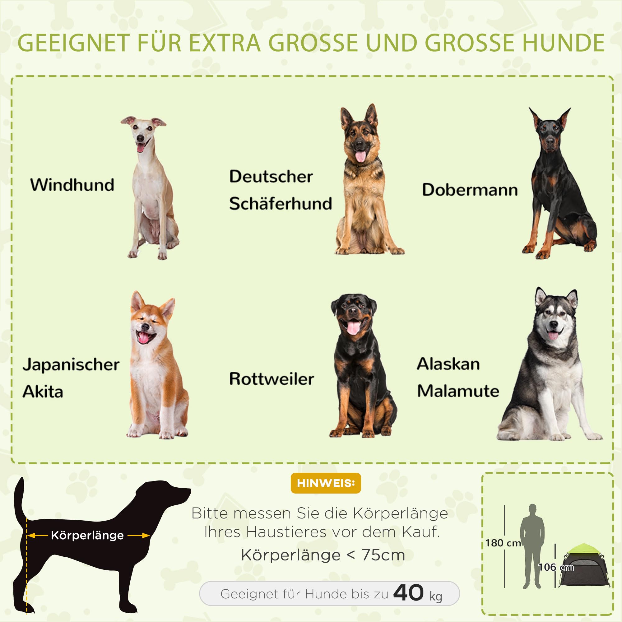 PawHut Haustierzelt, Outdoor Hundezelt, Katzenzelt mit Meshfenster, Tragetasche, Sonnendach, Tragbar Hundehütte für extra große und große Hunde, für Drinnen und Draußen, 120x120x106cm, Grün+Dunkelgrau
