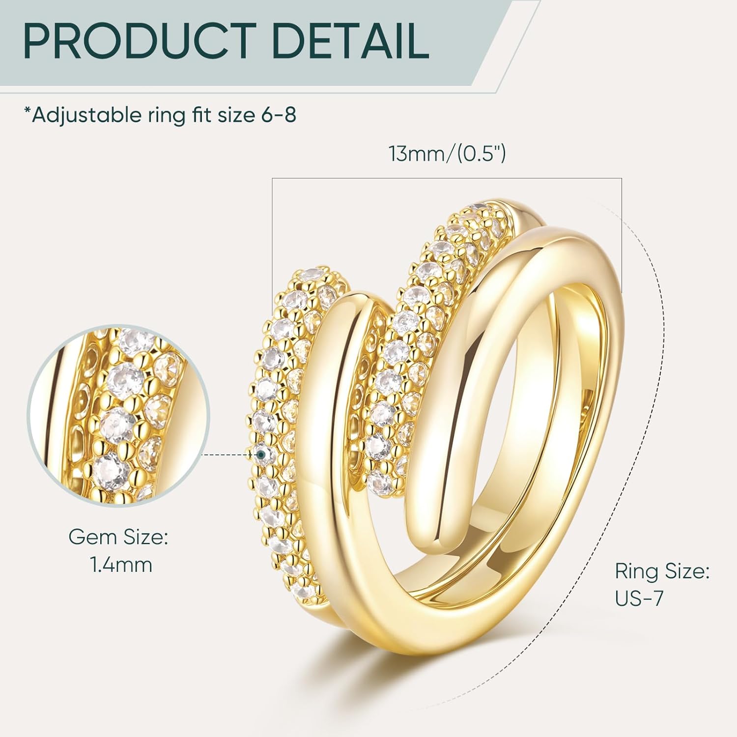Stackable Gold Rings Set for Women - 14K Gold Plated Cubic Zirconia Adjustable Open... - Image 5