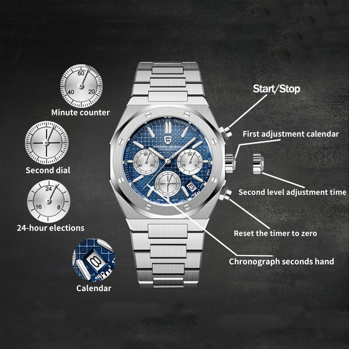 Pagani Design Herren Uhren Elegant Business Sports Quarzuhr Chronograph Armbanduhren Japan VK63 Saphirglas Wasserdicht 100M Analogue Edelstahl Mit
