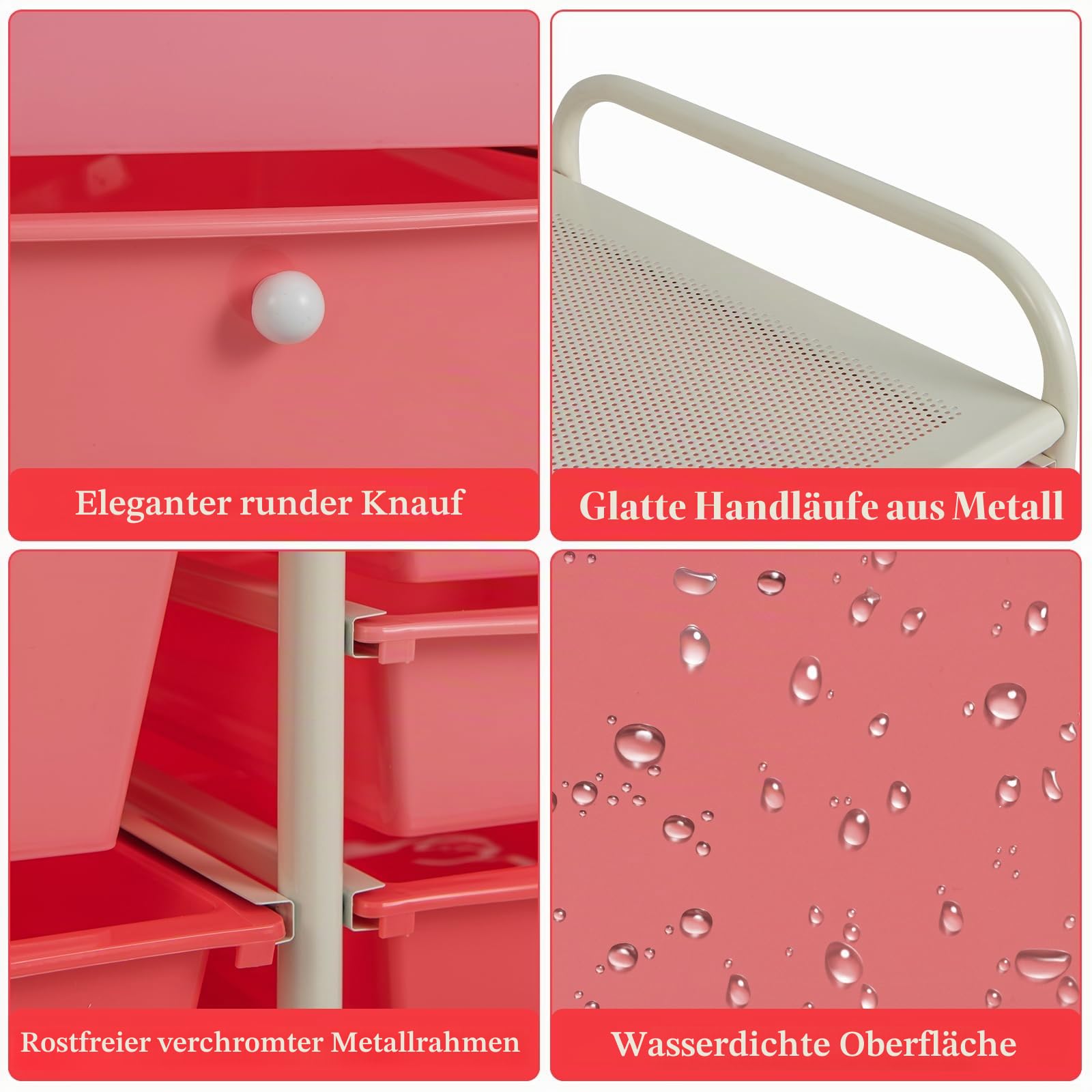 KOMFOTTEU Rollwagen mit 10/15 Schubladen stapelbar, Badrollwagen Rollcontainer mit Metallrahmen, Allzweckwagen Haushaltswagen Beistellwagen für Bad & Küche (Rosa, 15 Schubladen)