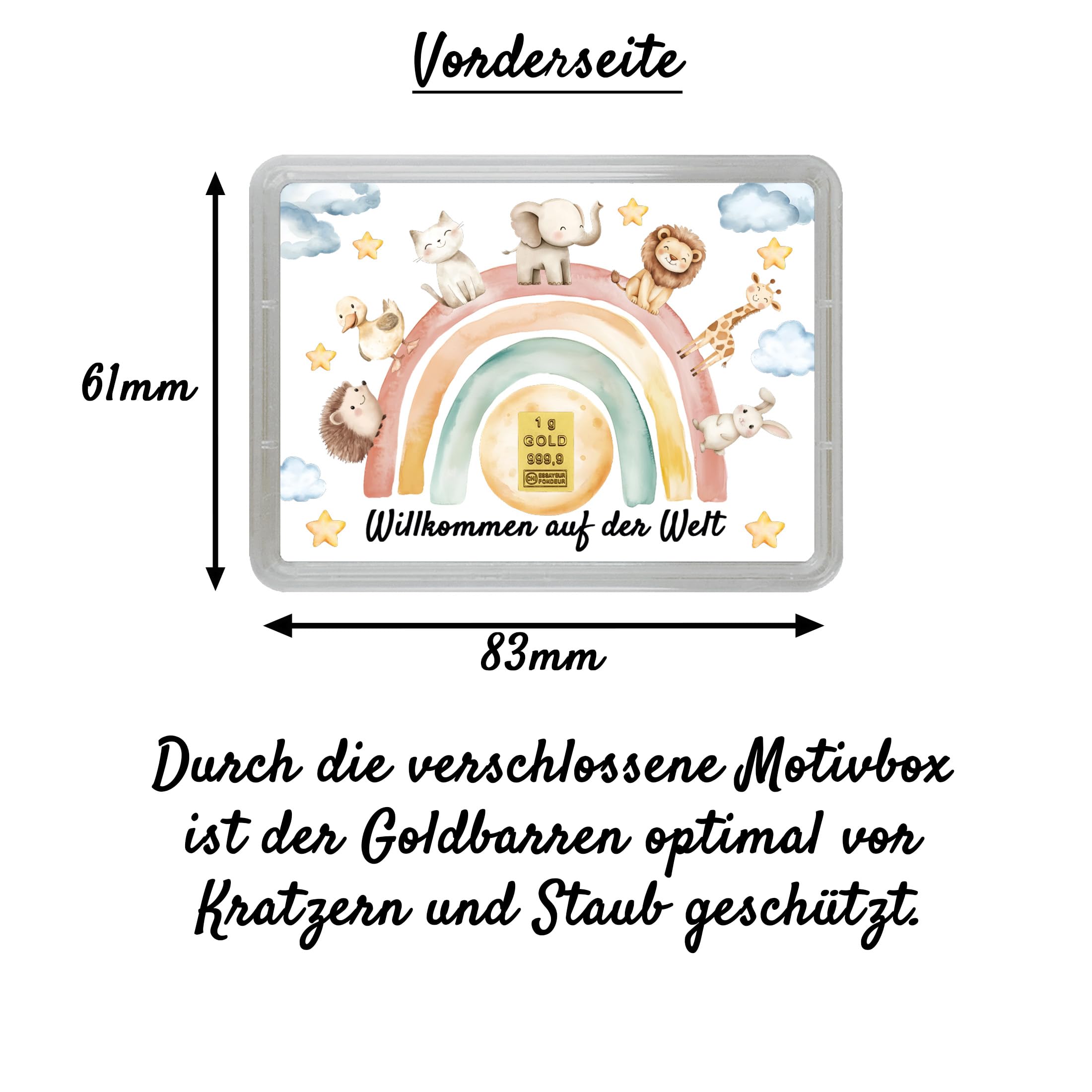 Motivbox zur Geburt mit Goldbarren – „Willkommen auf der Welt“ – niedliche Tiermotive – Echtheitsgarantie von Goldstücke24 – Geschenkidee für Neugeborene mit Grußkarte & Geschenkbeutel (1g Gold)