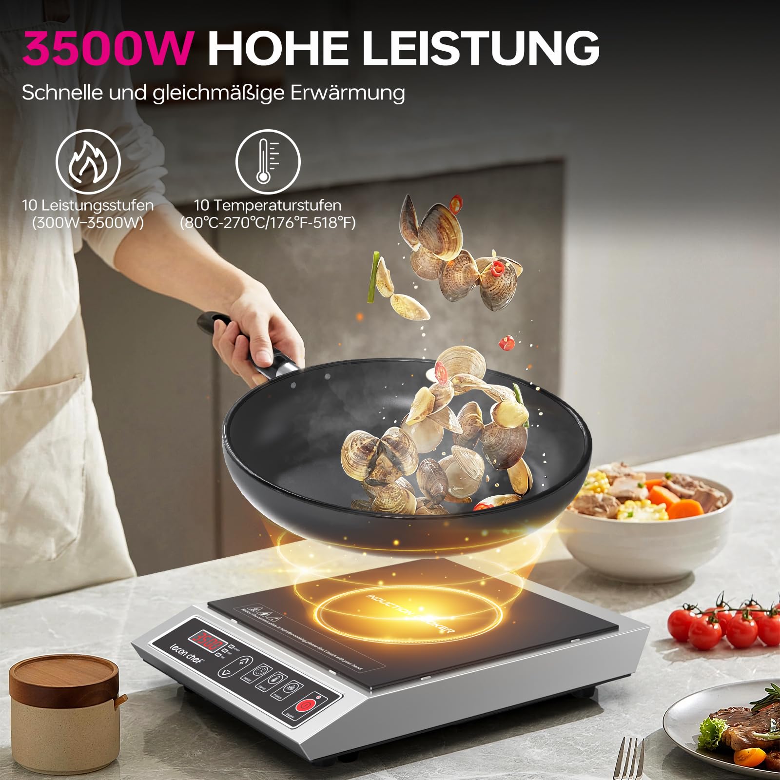 Induktionskochplatte, 3500W Einzelinduktionskochfeld, Kochplatten, 50KG Große Tragfähigkeit Edelstahlgehäuse, 24-Stunden-Timer, Ultradünnem tragbar Design