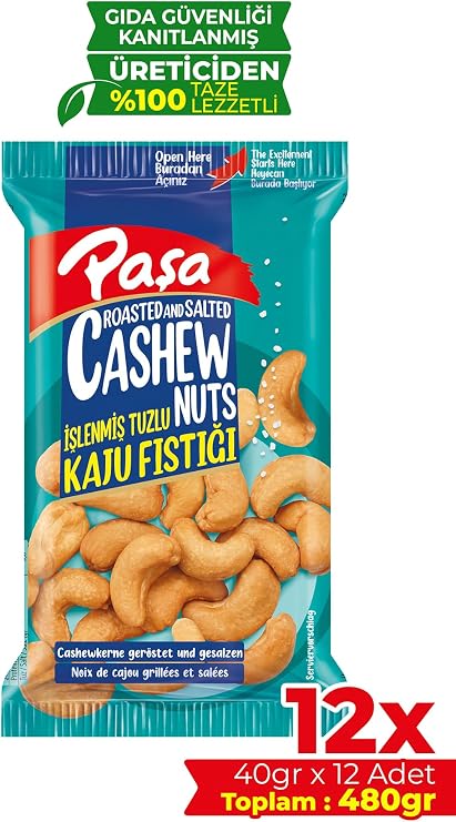 Pasha Processed Salted Cashew Nuts, 40gr x 12 Packs, Total 480gr, Roasted Cashew Nuts