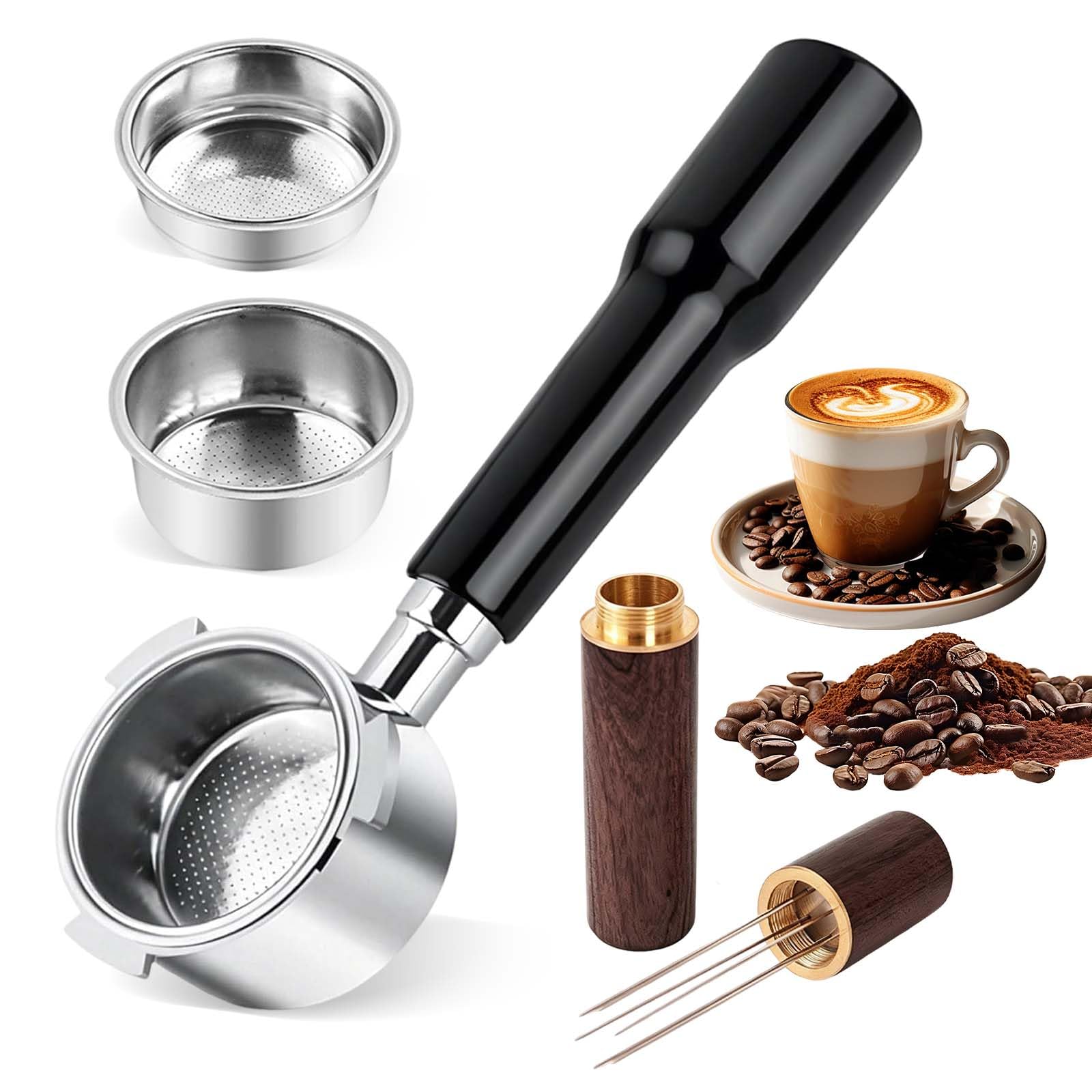 Portafiltro Senza Fondo 51mm 3 Anelli Compatibile DeLonghi Dedica EC680 EC685 EC885, Filtro Acciaio Inoxidable x2 + Agitatore WDT 6 Aghi – Kit Barista con Manico ABS