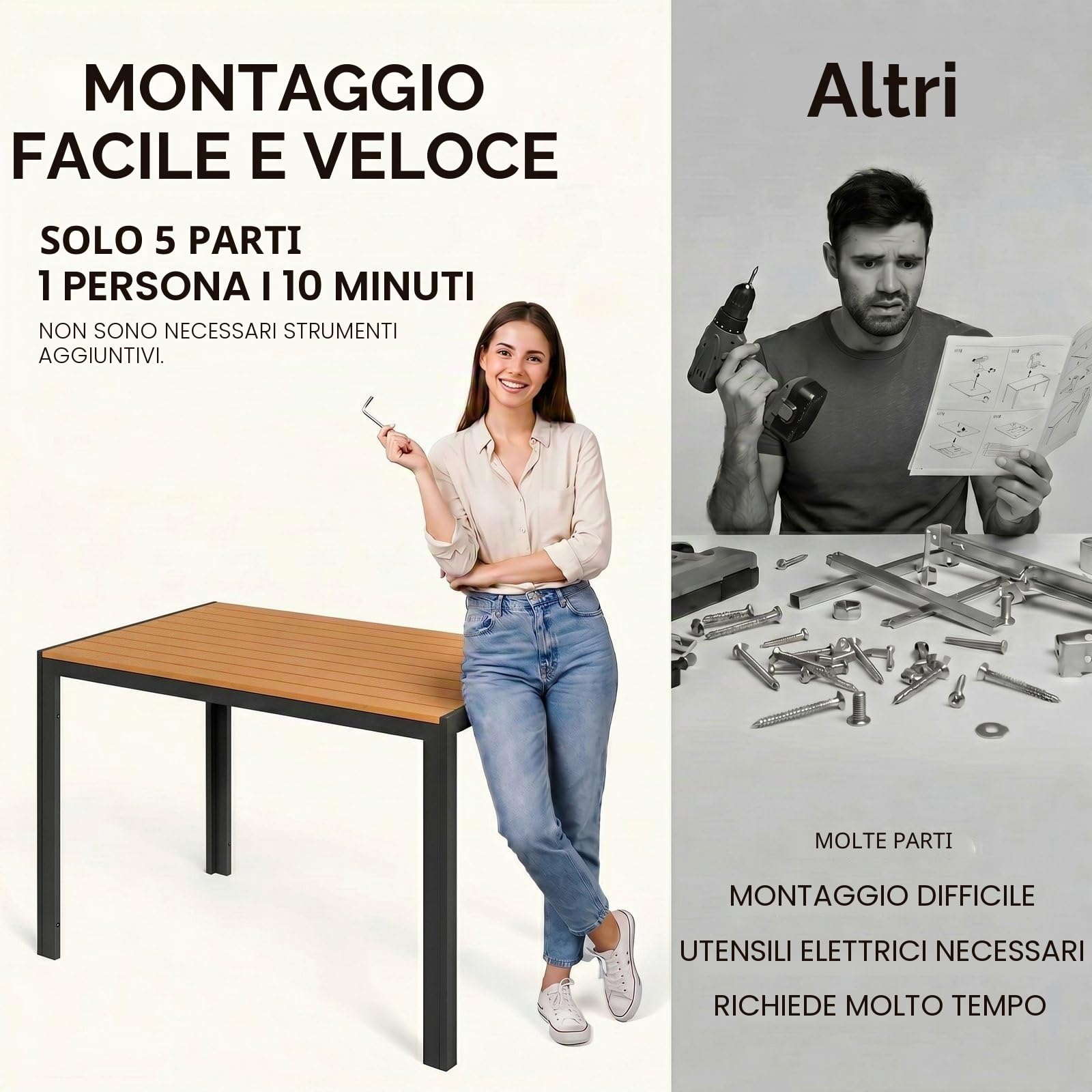 LIFERUN Tavolo da Giardino Moderno in WPC 110 x 70 cm, Tavolo da Pranzo per Esterno per 4-6 Persone, Tavolo da Balcone Salvaspazio in Alluminio, Design Effetto Legno,Marrone Teak