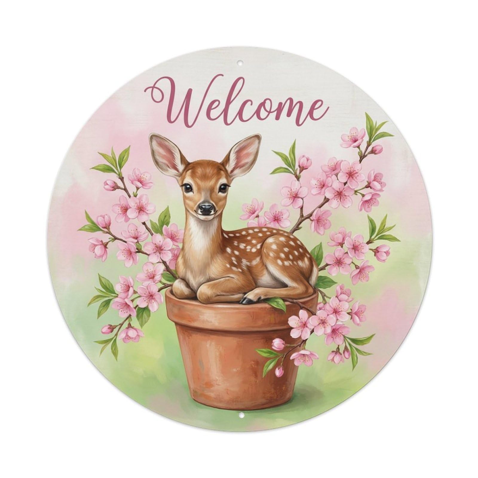 Metal Tin Sign Welcome Deer Cherry Blossom