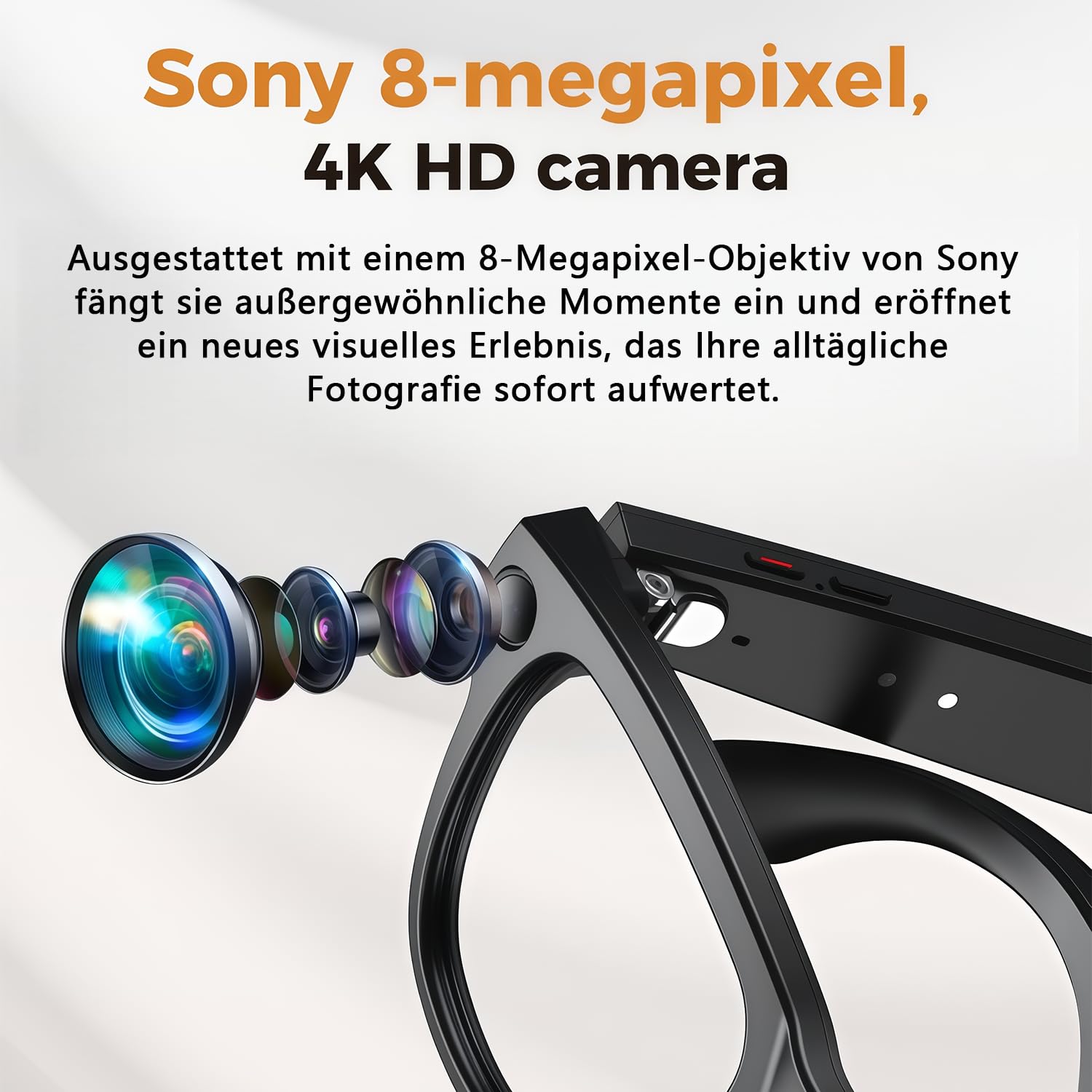 Smart AI Glasses mit 4K HD Kamera, 8MP Bildstabilisierung, Videoaufzeichnung, Offene Kopfhörer, AI-Bilderkennung Simultanübersetzung/GPT-Linsenerkennung und 3600-mAh-Akkufach