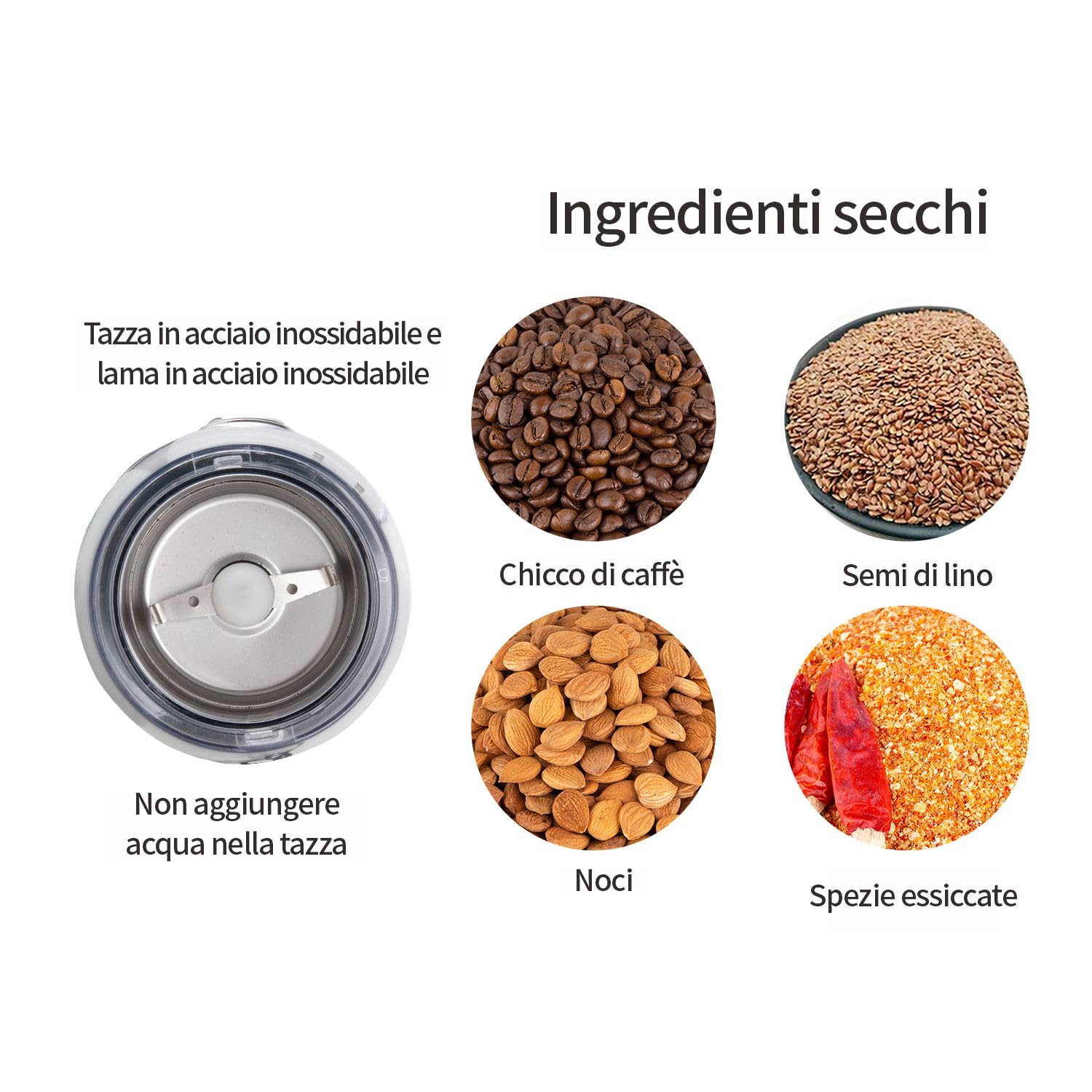 DR MILLS DM-7448 Macinino elettrico per spezie e caffè essiccati, lama, tazza e alloggiamento realizzati in acciaio inossidabile SUS304