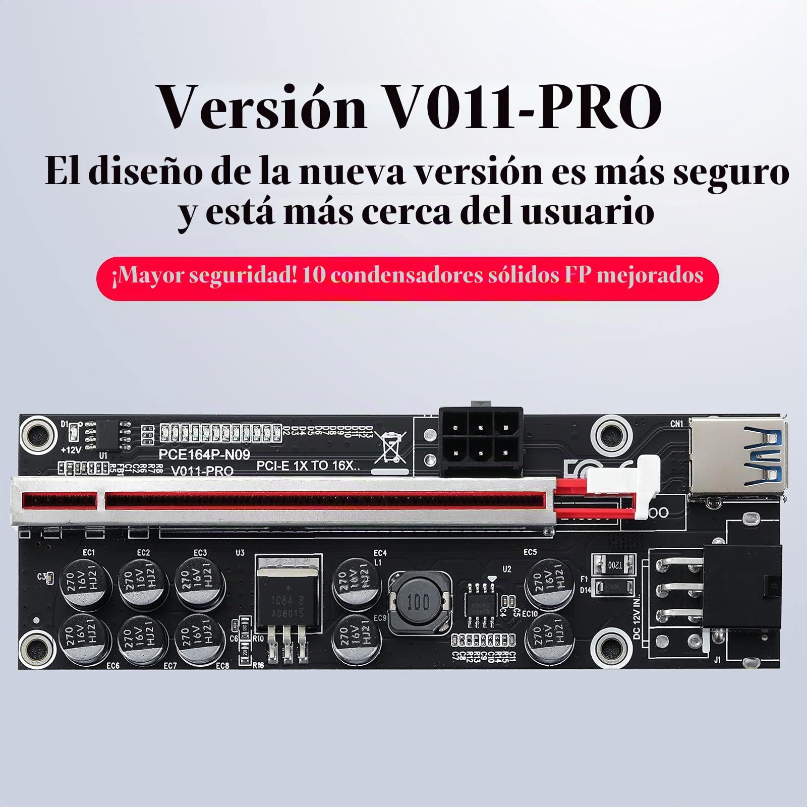 PCIe Riser 1X a 16X Riser Card - Tarjeta adaptadora de Elevador V011-PRO con Cable de Extensión USB de 60cm - GPU Riser Card for Riser Mineria Bitcoin Ethereum Mining (V011-PRO 6 Pack)