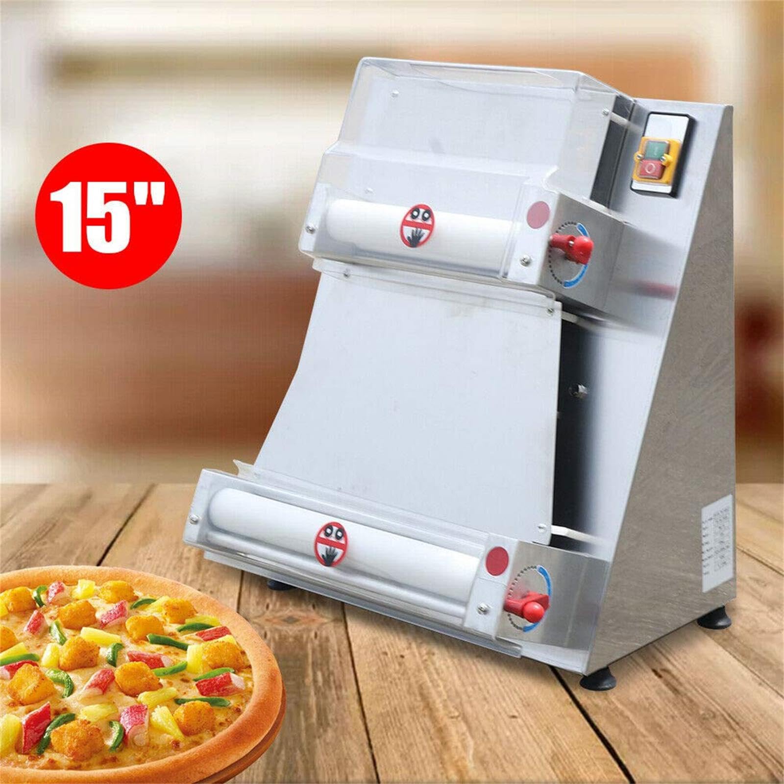 Rodillo de masa de pizza comercial, máquina formadora de masa de pizza de 15 pulgadas, máquina de pizza eléctrica de 370 W para fideos, pizza, pan, pasta, 0.028-0.213 in, grosor de pizza, acero 2