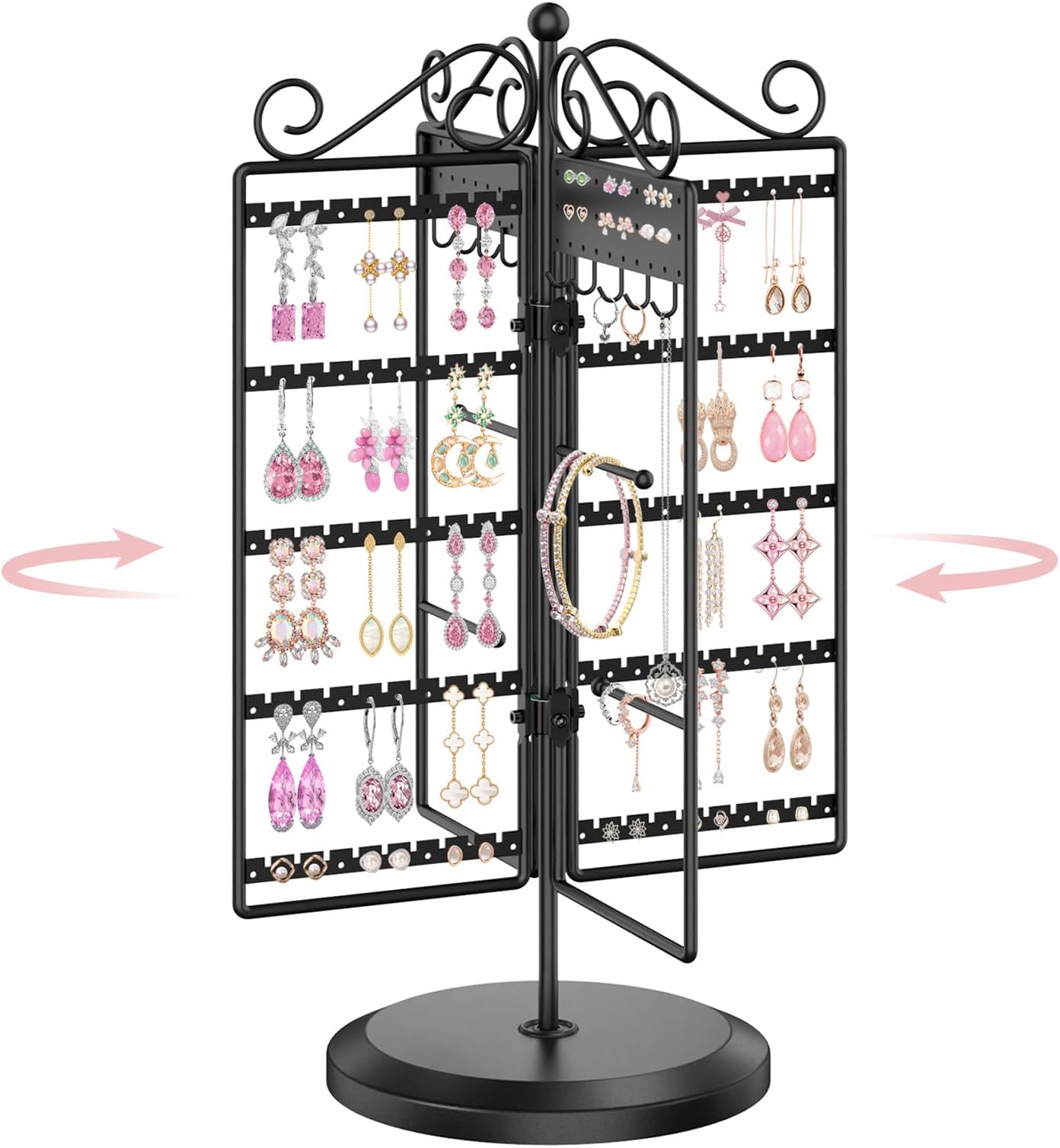 MODOWEY Rotating Jewelry Holder Organizer Stand, 250 Hole and Groove Stud Dangle Earring Display Metal Rack, 10 Hook Necklace Tree for Bracelet Ring Storage, Compact Multi-Use Tower for Women, Black