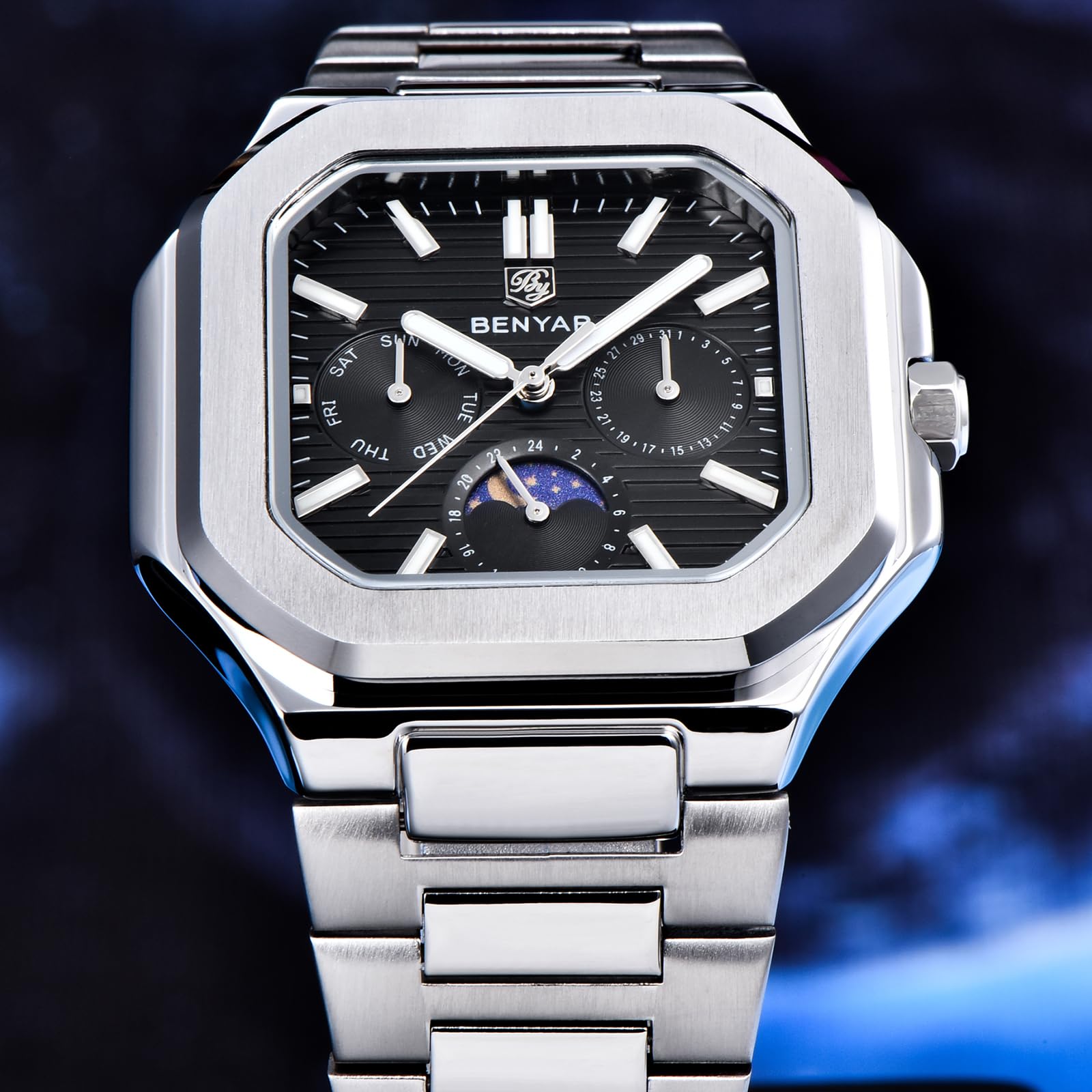 BENYAR Orologio da uomo al quarzo, 37 mm, in acciaio inox, con data, giorno, fasi lunari, cristallo Hardlex, orologio da polso casual sottile BY-5221