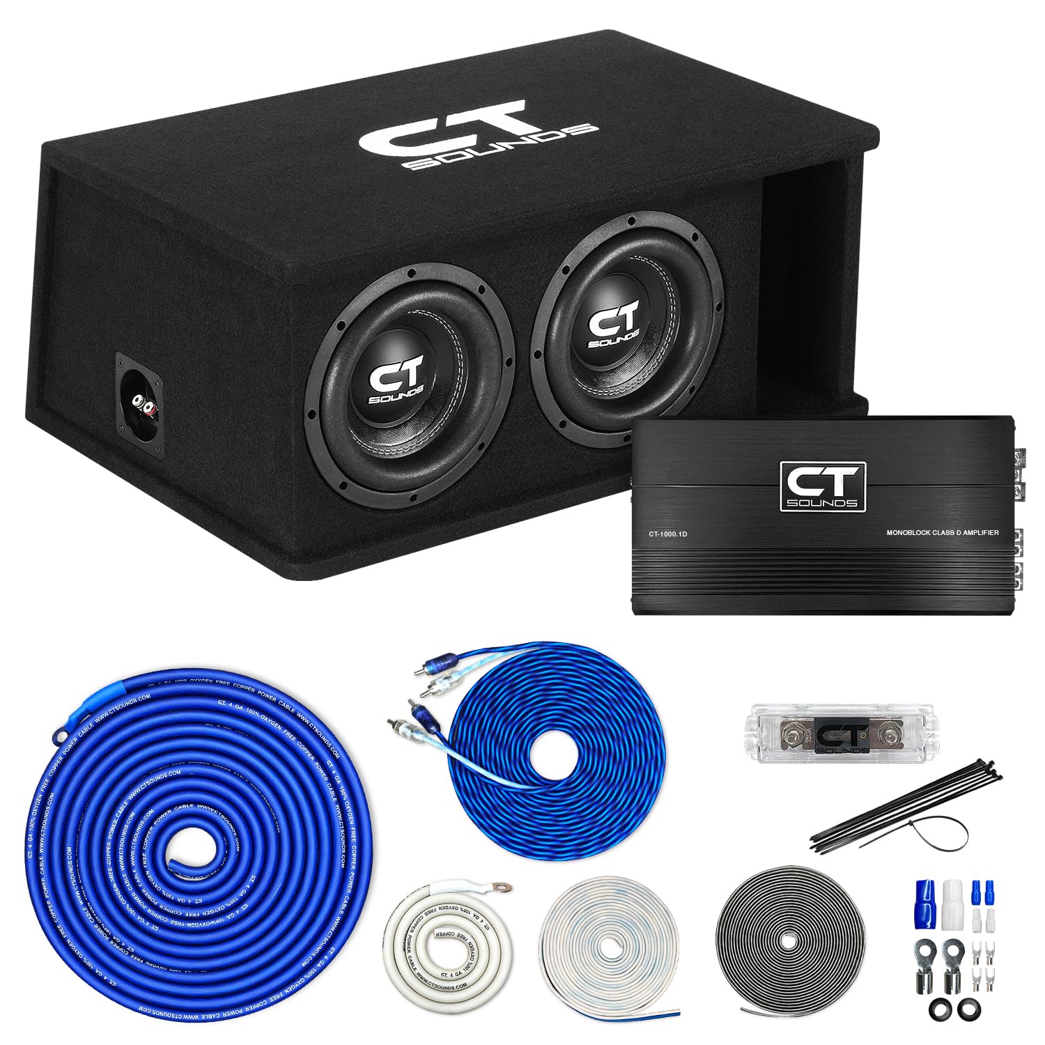 CT Sounds Dual 8 1600W Complete Bass Package with Loaded Subwoofer Box and Amplifier