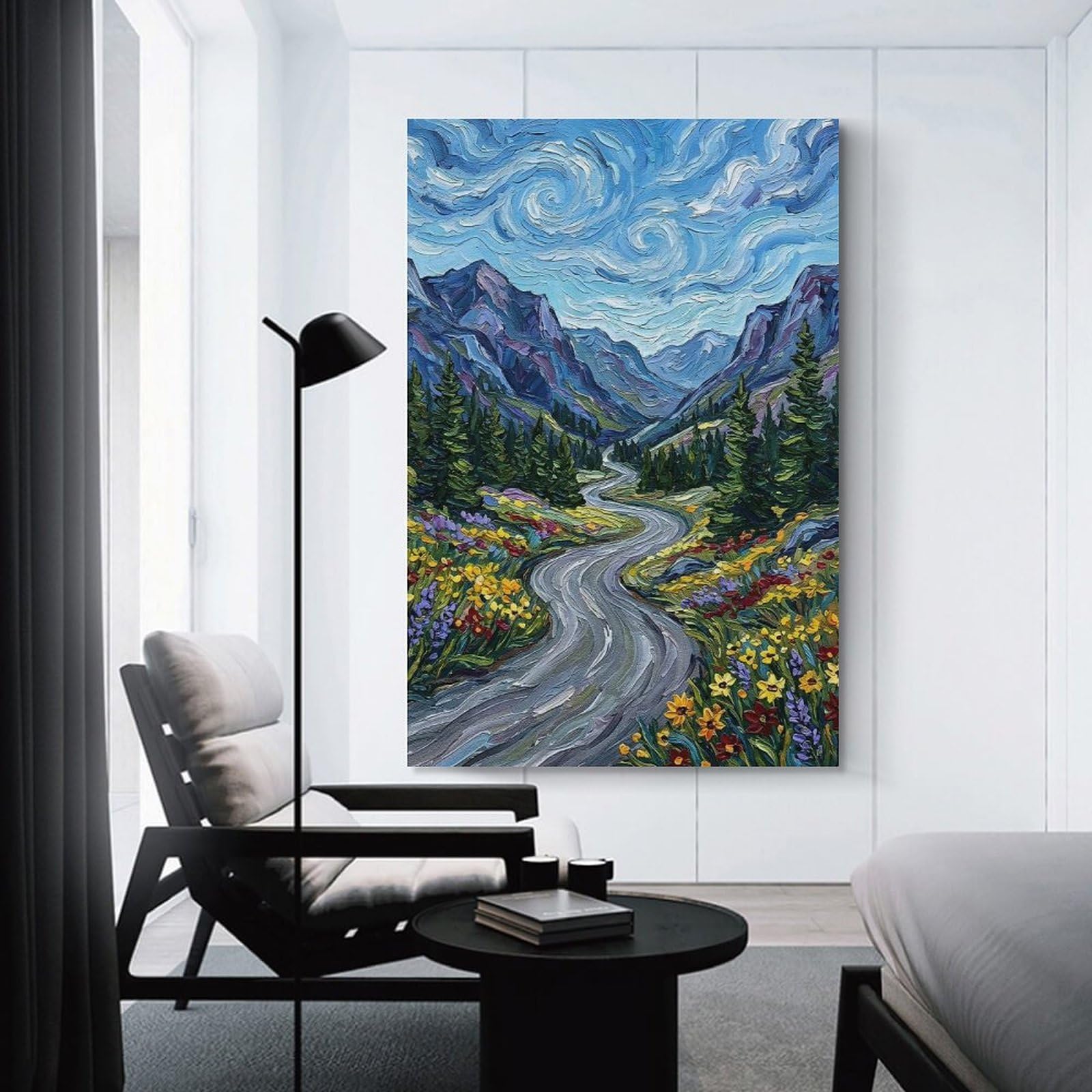 Junmoney Impressionistic Mountain Valley Landscape Painting Canvas Wall Decor, 24x36inch(60x90cm), for Lounge Decor, Bedroom Walls Or Flats, Eye Catching Artwork for Blank Walls