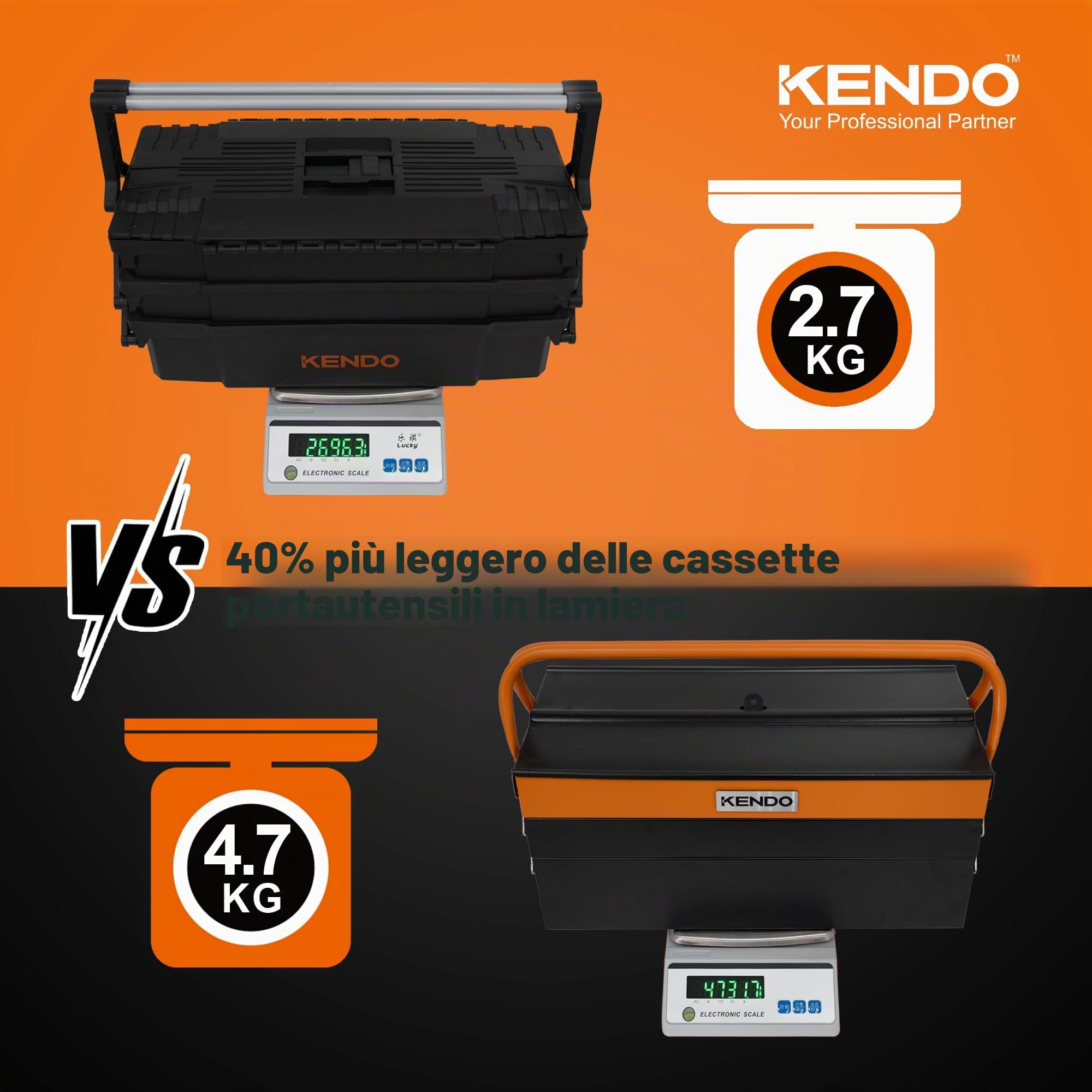 KENDO Cassetta degli attrezzi vuota in plastica, leggera e robusta, 4 scomparti apribili