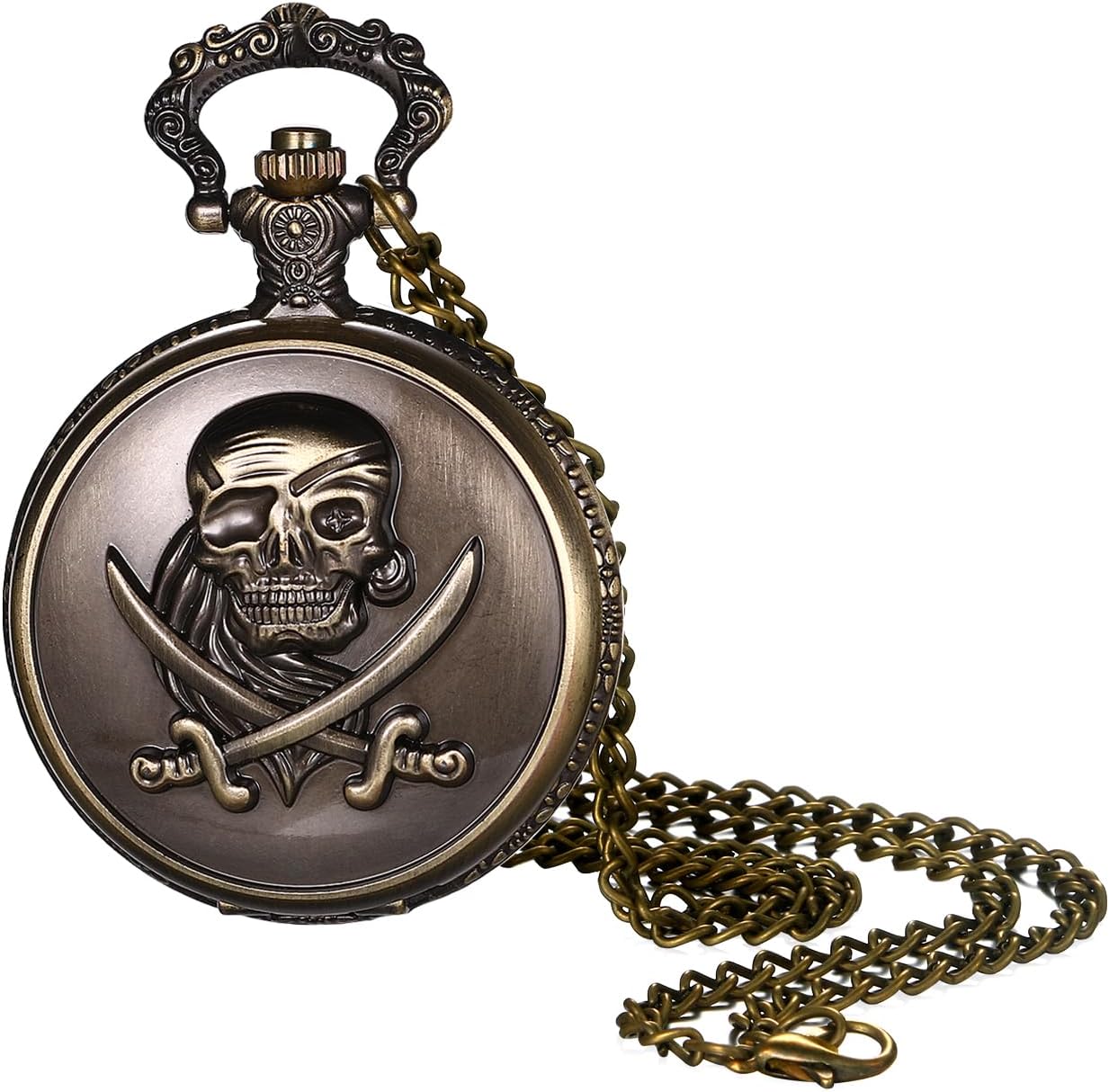 JewelryWe Vintage Quartz Pocket Watch: Men Women Analog Bronze Embossed Skull Metal Pocket Watch with Arabic Numerals Scale Clear and Easy-to-Read Pendant Watch for Him