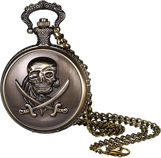 JewelryWe Vintage Quartz Pocket Watch: Men Women Analog Bronze Embossed Skull Metal Pocket Watch with Arabic Numerals Scale Clear and Easy-to-Read Pendant Watch for Him