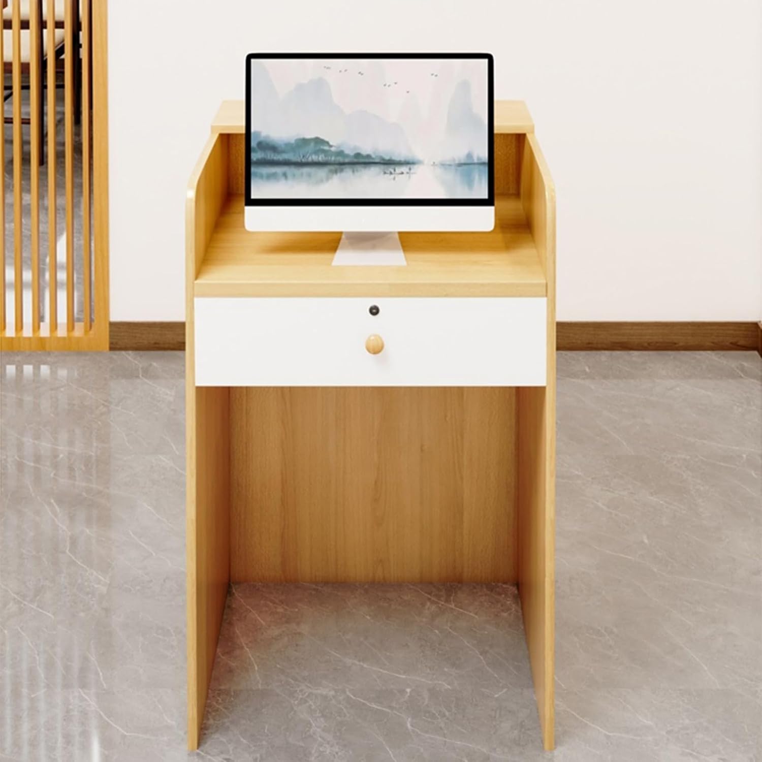 Front Office Desk,Small Reception Desk with Counter, Modern Retail Counter Receptionist Table with LED Lights,Private Lockable Drawer,Hostess Checkout Stand,for Hotels Salon Room Clothing Stores