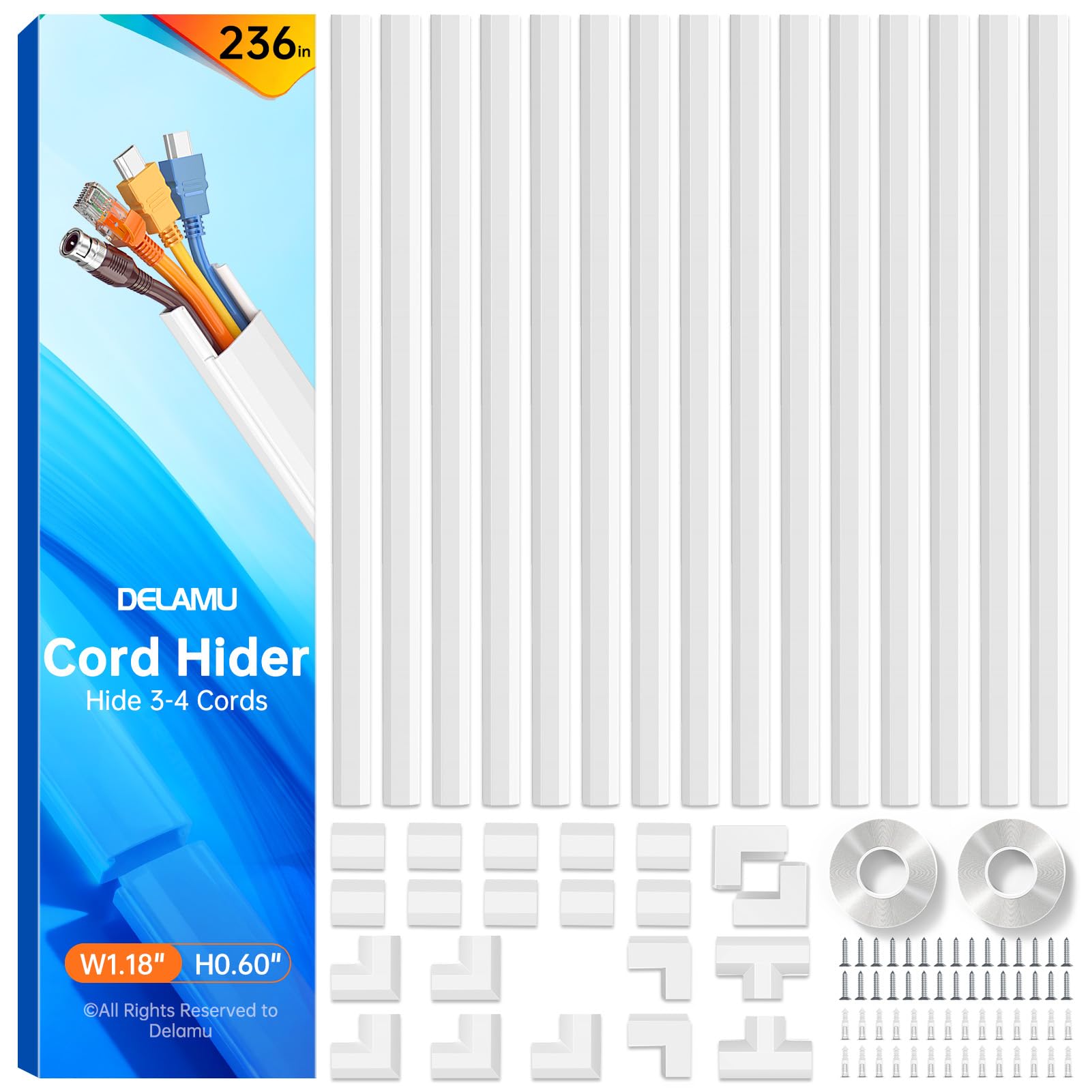 Delamu Cable Trunking, Cable Wall Cover, Paintable Cord Hider to Hide Wires for TV and Computers in Home Office, White, 6M, 15 x 400mm L, 30mm W x 17mm H