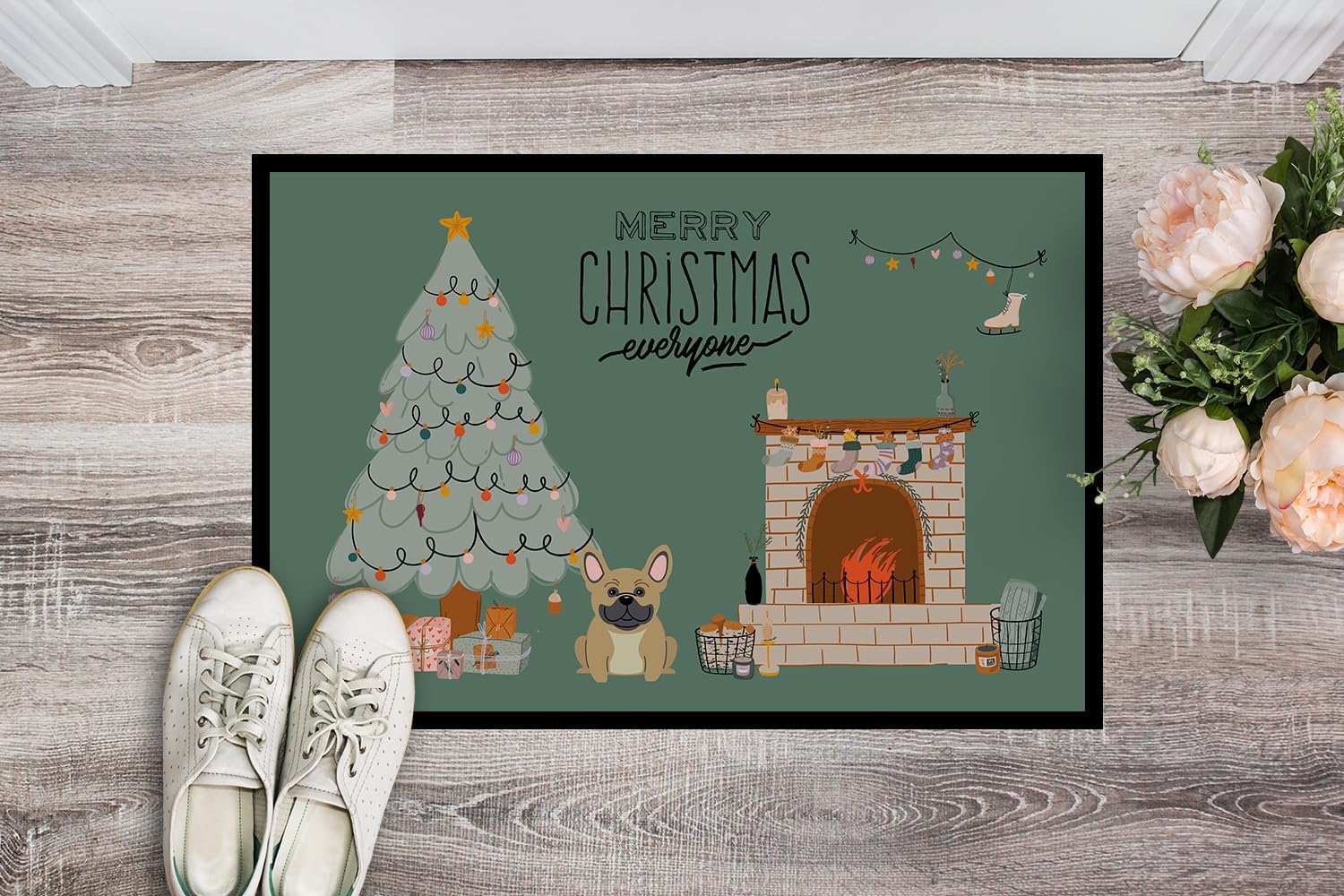 Caroline's Treasures CK7573JMAT Cream French Bulldog Christmas Everyone Doormat 24x36 Front Door Mat Indoor Outdoor Rugs for Entryway, Non Slip Washable Low Pile, 24H X 36W