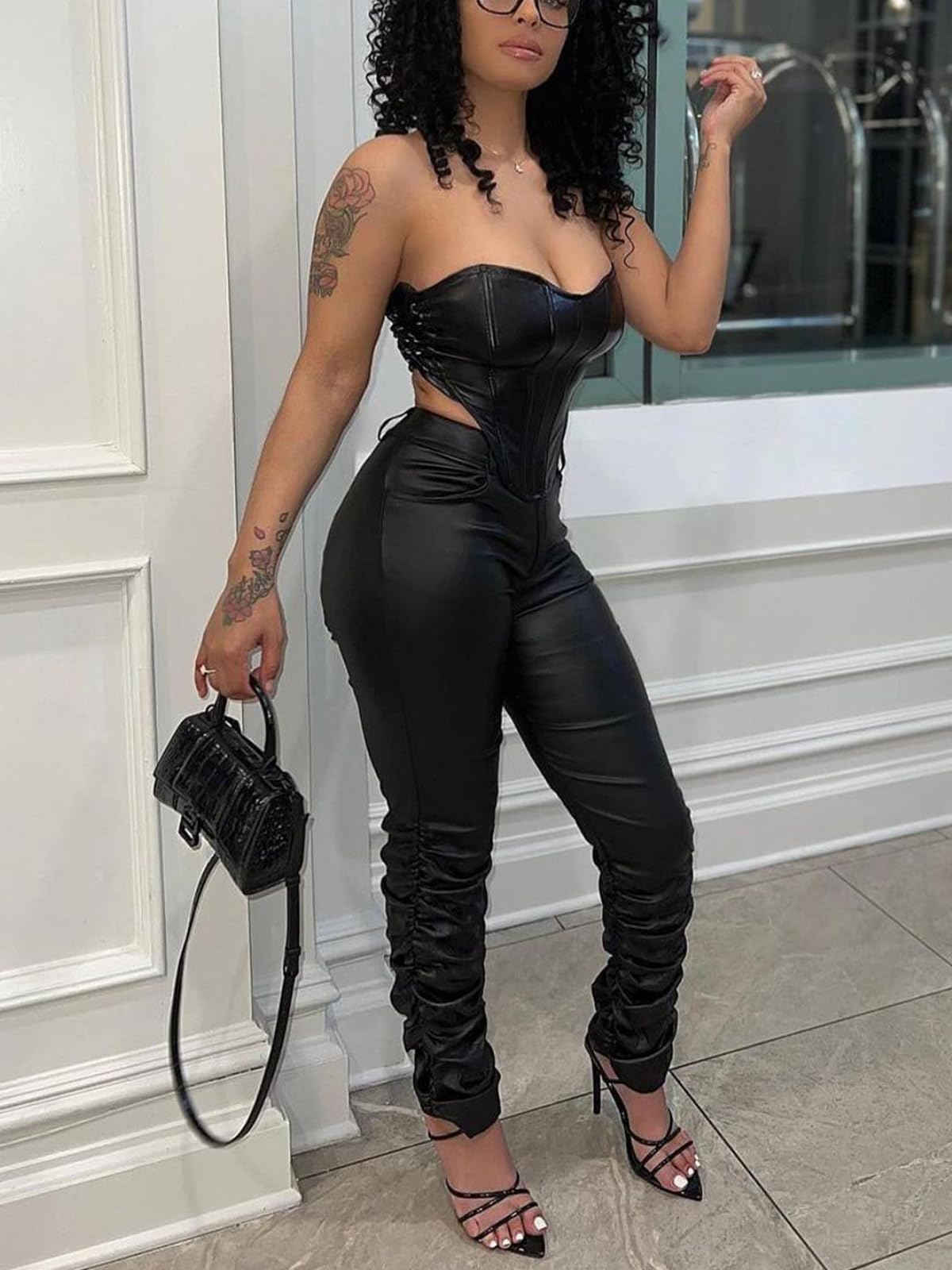 Zebaexf Dehnbare Damen-Leggings aus Kunstleder, hohe Taille, gestapelte Hose für Damen