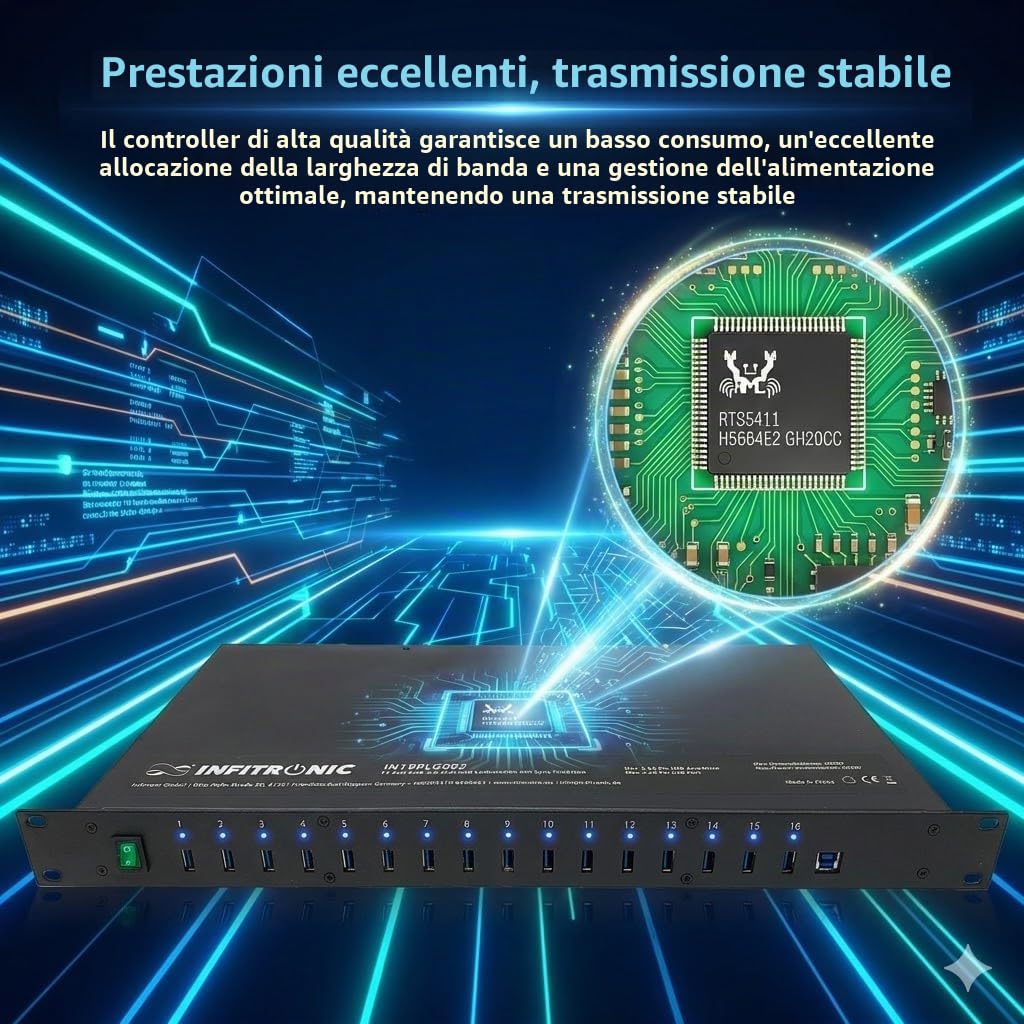 INFITRONIC - Porte USB 3.0 Hub16 USB IN19PLG002-19" con stazione di ricarica e sincronizzazione (1U Rack)