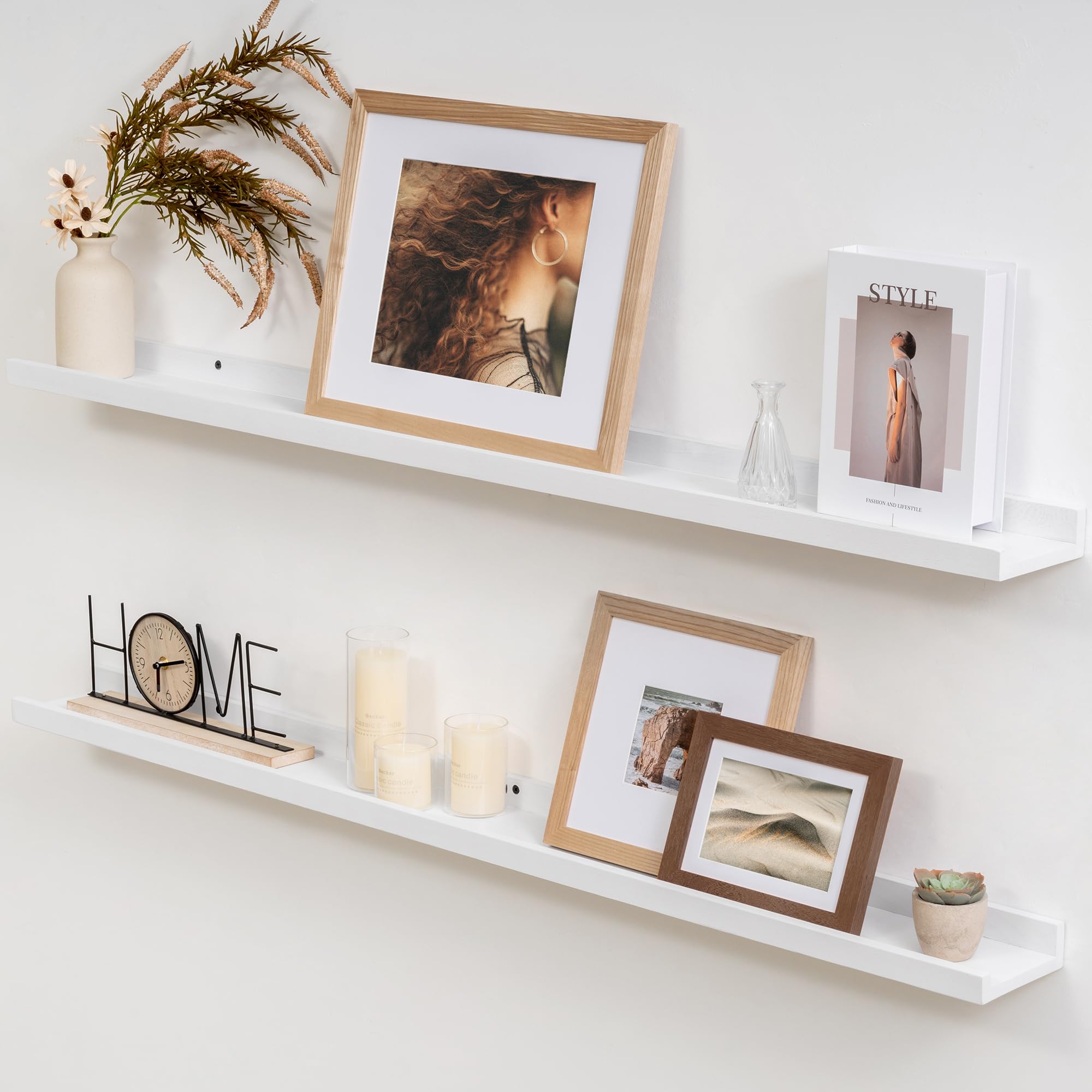 Acovy Solid Oak Wood Picture Ledge Shelf, 36 Inch, White, Set of 2