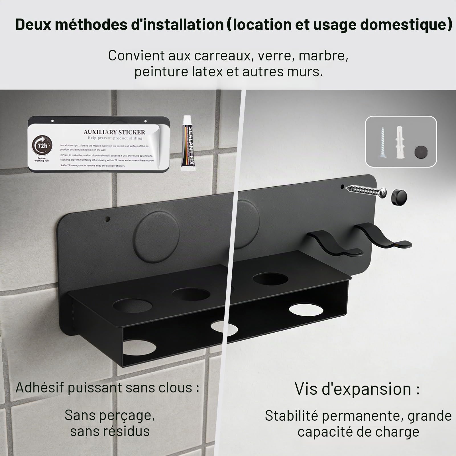 6 en 1 Support Seche Cheveux sans Percage Compatible avec Dyson Supersonic Nural HD16/ HD19, Porte Seche Cheveux Mural Métallique avec Rangement des Câbles, Convient pour 5 Embouts,29 * 12cm | Revêtement antirayures protège votre sèche-cheveux Dyson au qu