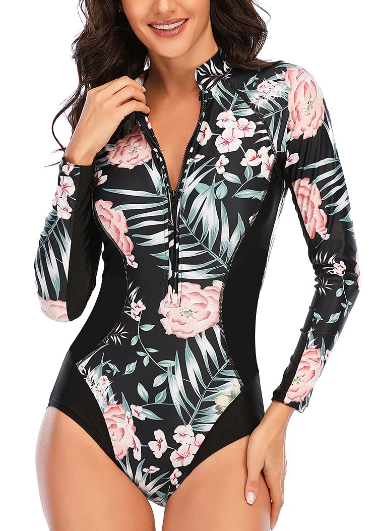 Women's One Piece Long Sleeve Bathing Suits UV Protection Rash Guard Surfing Swimsuit, Pink Flowers, S