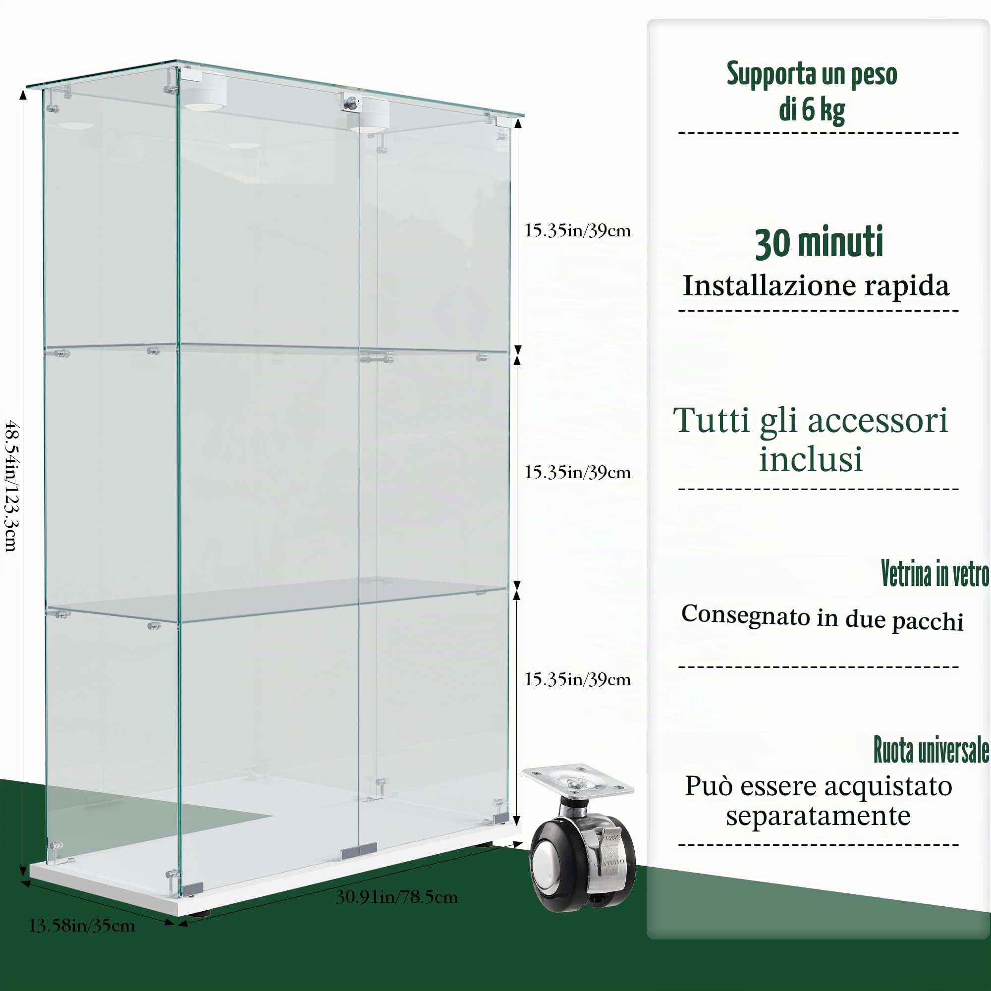 Vetrina in vetro con luci a LED, armadio EE, 3 ripiani e 2 porte, per collezione, camera da letto, soggiorno e sala da pranzo, 123 x 78,5 x 35 cm