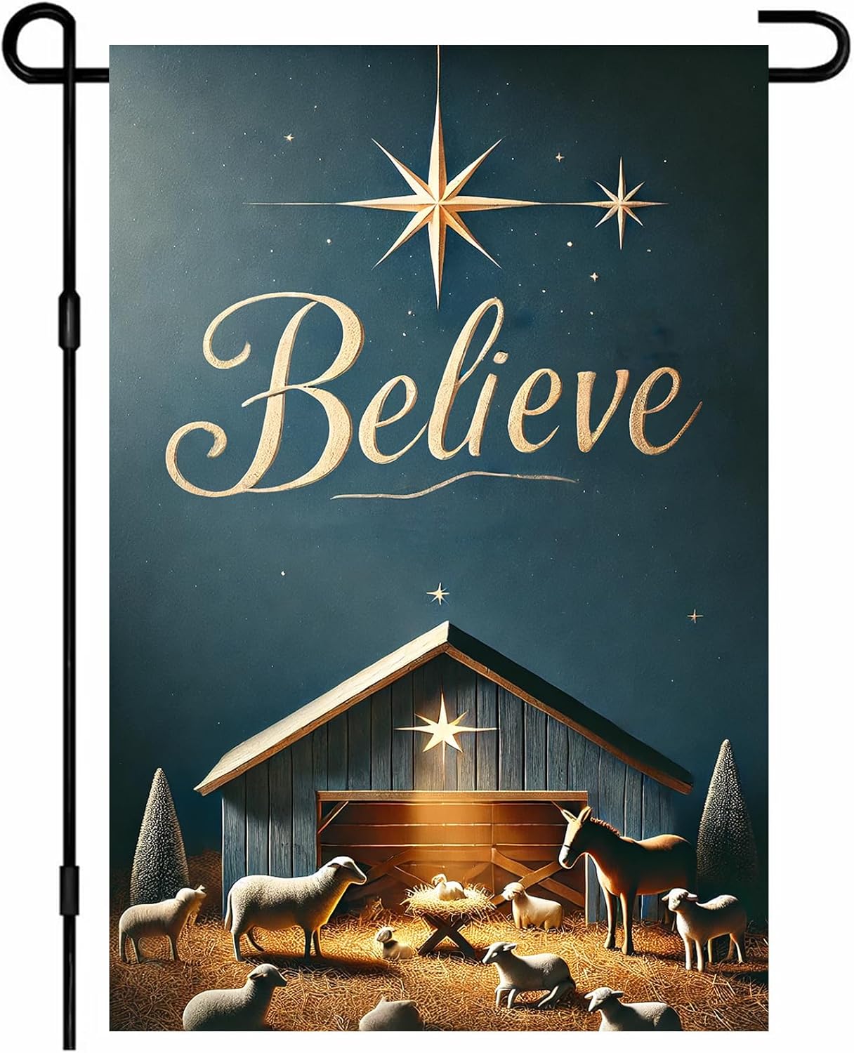 Christmas Nativity Garden Flag 12x18 Double Sided Believe Starry Night Stable Yard Flag Gold Text Blue Background Winter Outdoor Garden Decor Lawn Porch Patio Holiday Banner