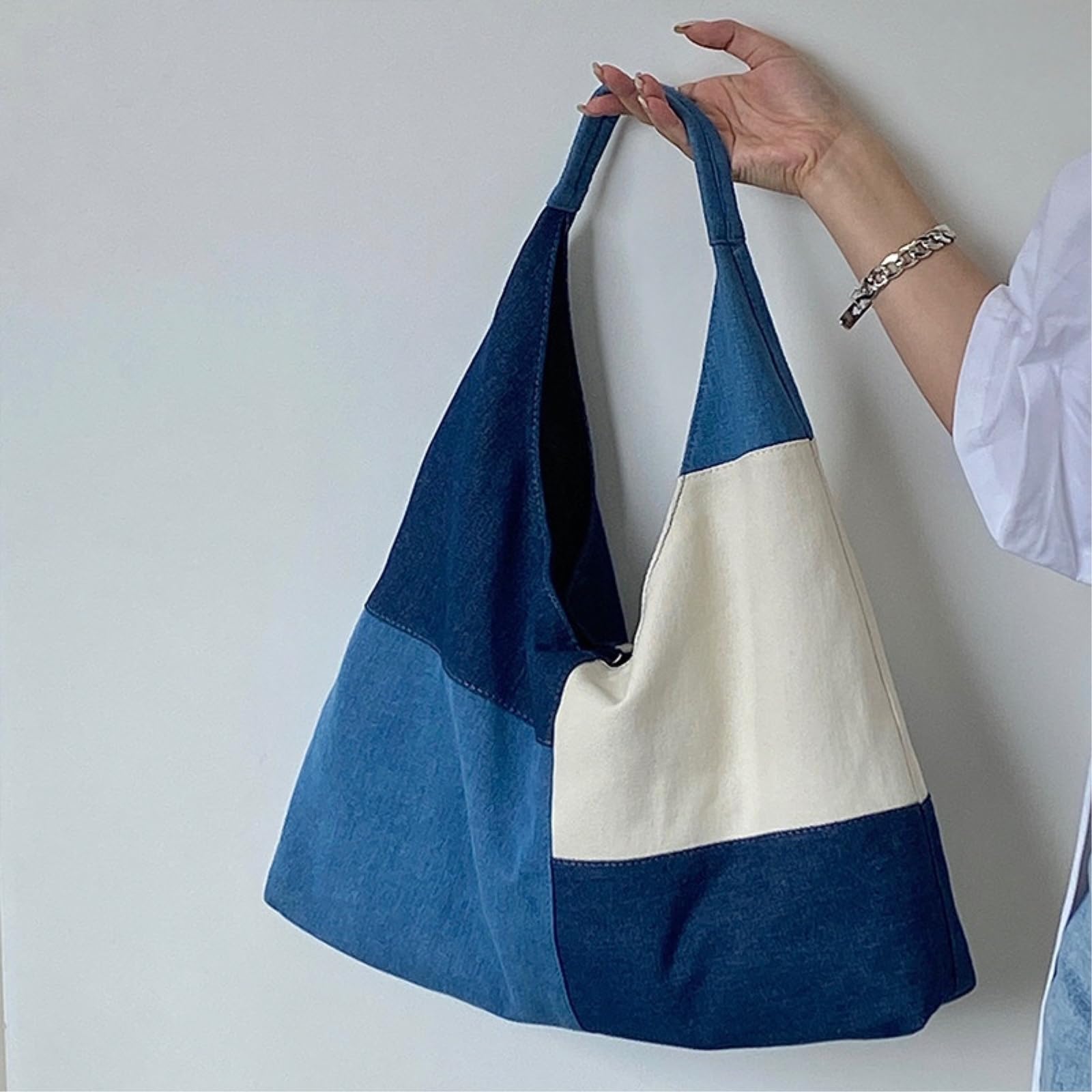 Borsa a Tracolla Patchwork Design Donne Spalla Moda Denim Borse Femminili Grande capacità Jeans Grandi Totes-blue-45x25x10cm