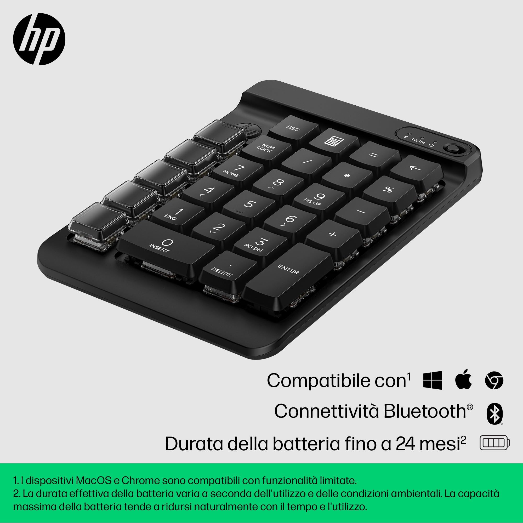 HP 430 Tastierino Programmabile Wireless, Connessione Bluetooth 5.3, 50 Milioni di Pressioni Garantite, Compatibile con Windows 10, 11, macOS e ChromeOS, Nero