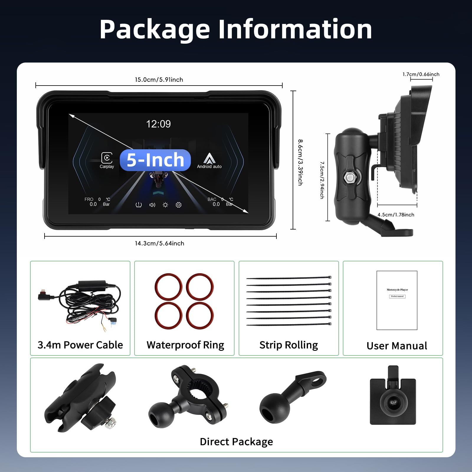 Schermo Carplay per Moto con Senza Fili CarPlay e Android Auto, Motorsi 5 Pollici Impermeabile Touchscreen, Doppio Bluetooth, Navigazione GPS, Siri/G00gle Assistente, Plug-and-Play