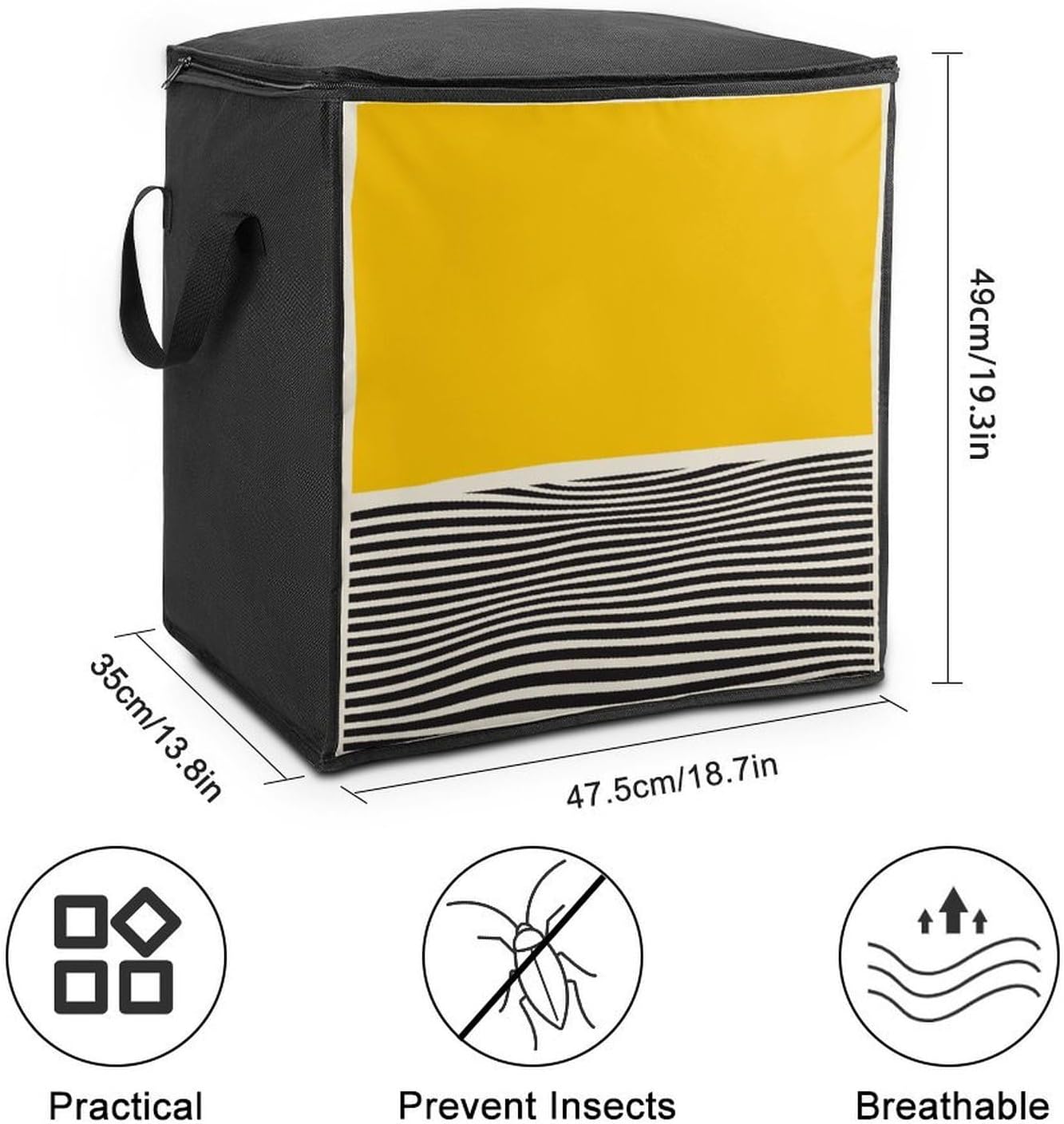 Mustard Yellow And Black Storage Bag with Zippers And Handle Extra Large Bedding Comforter Storage Bag Foldable Blanket Storage Bags Fabric Moving Bags for Closet Organizer (70L)