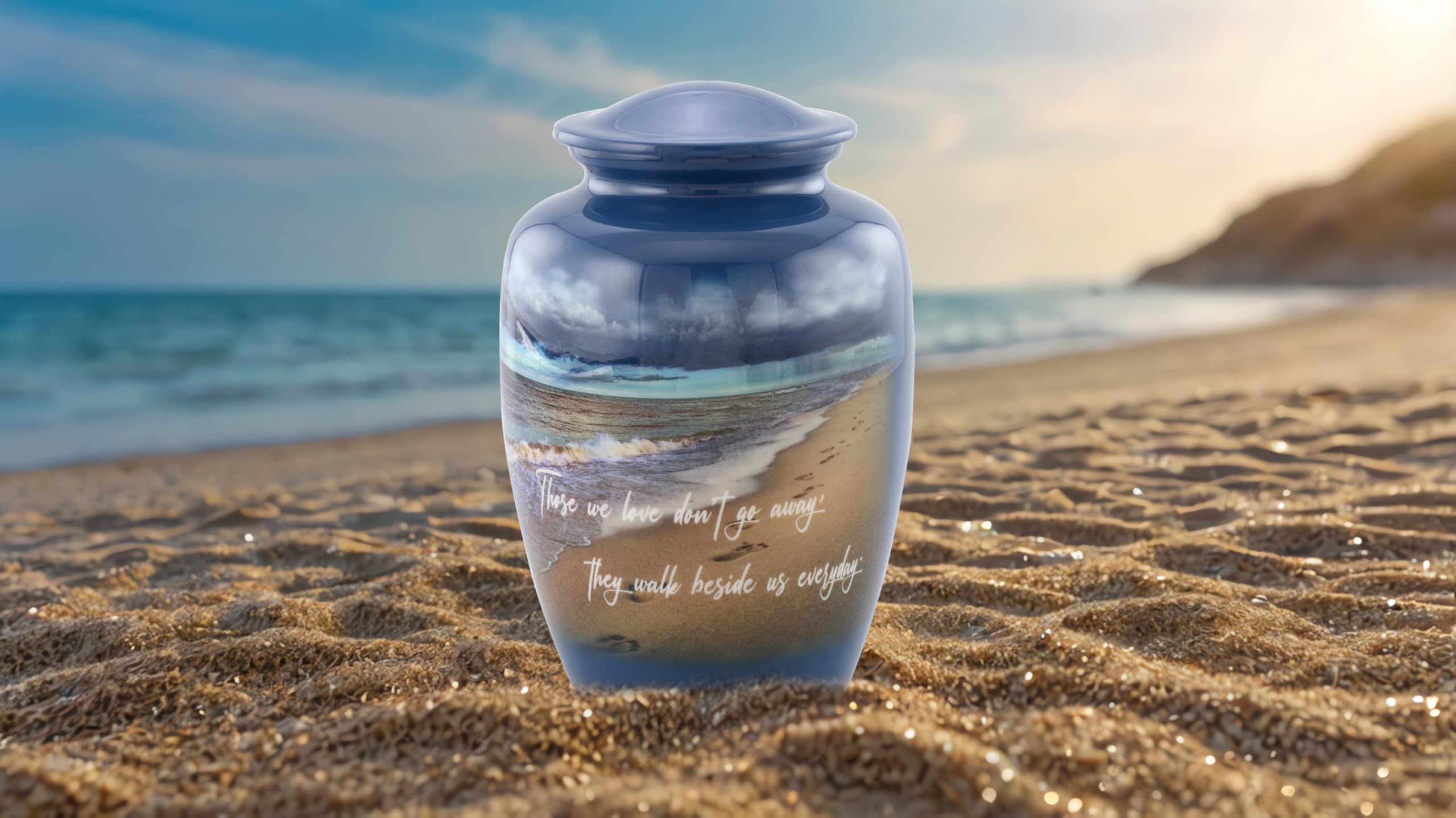 Urne funéraire bleu océan avec plage et vagues – Urne funéraire en métal de grande taille fabriquée à la main pour hommes et femmes (jusqu'à 95,3 kg) – Un bel hommage pour les amateurs de l'océan