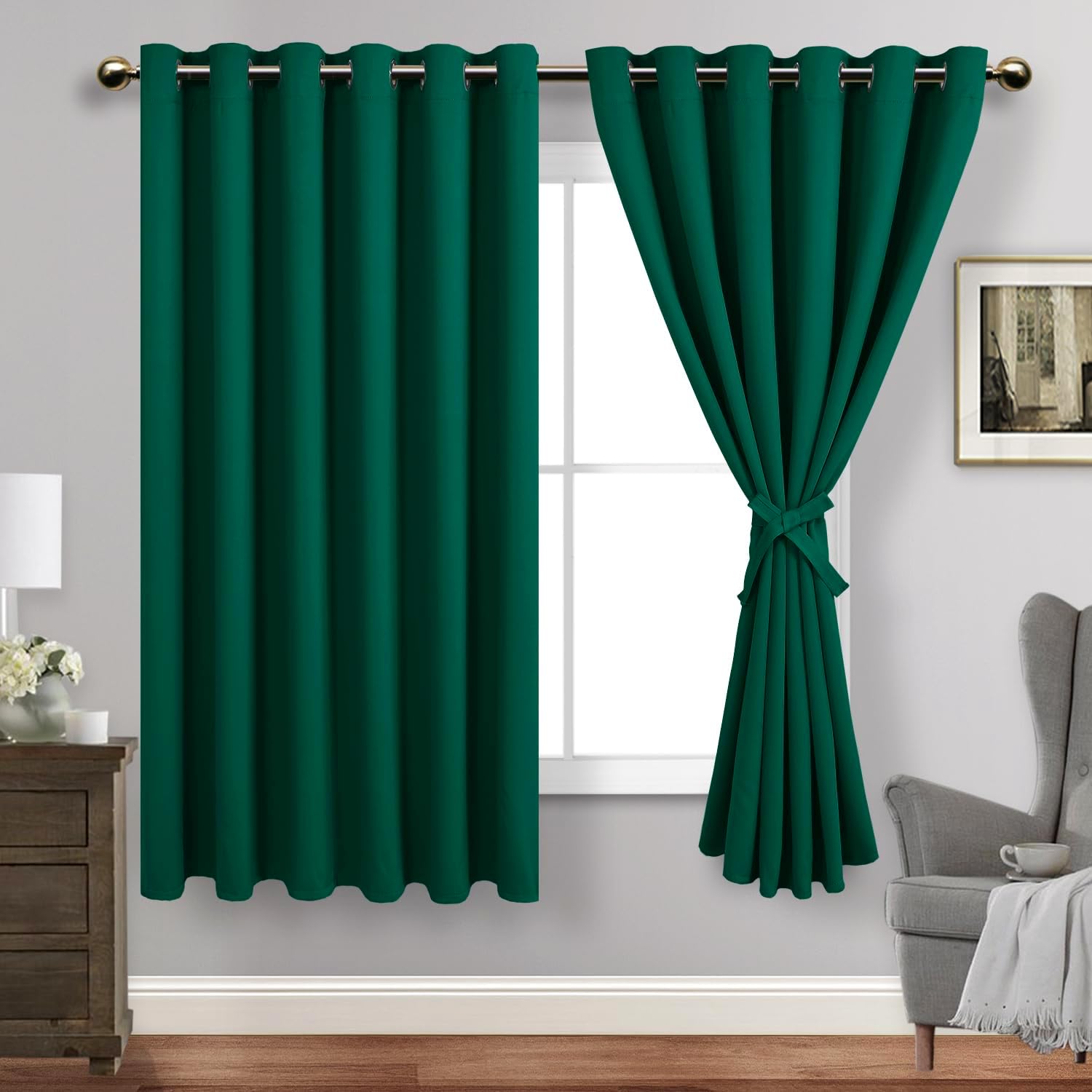 JIUZHEN Forest Green Blackout Curtains with Tieback, Light