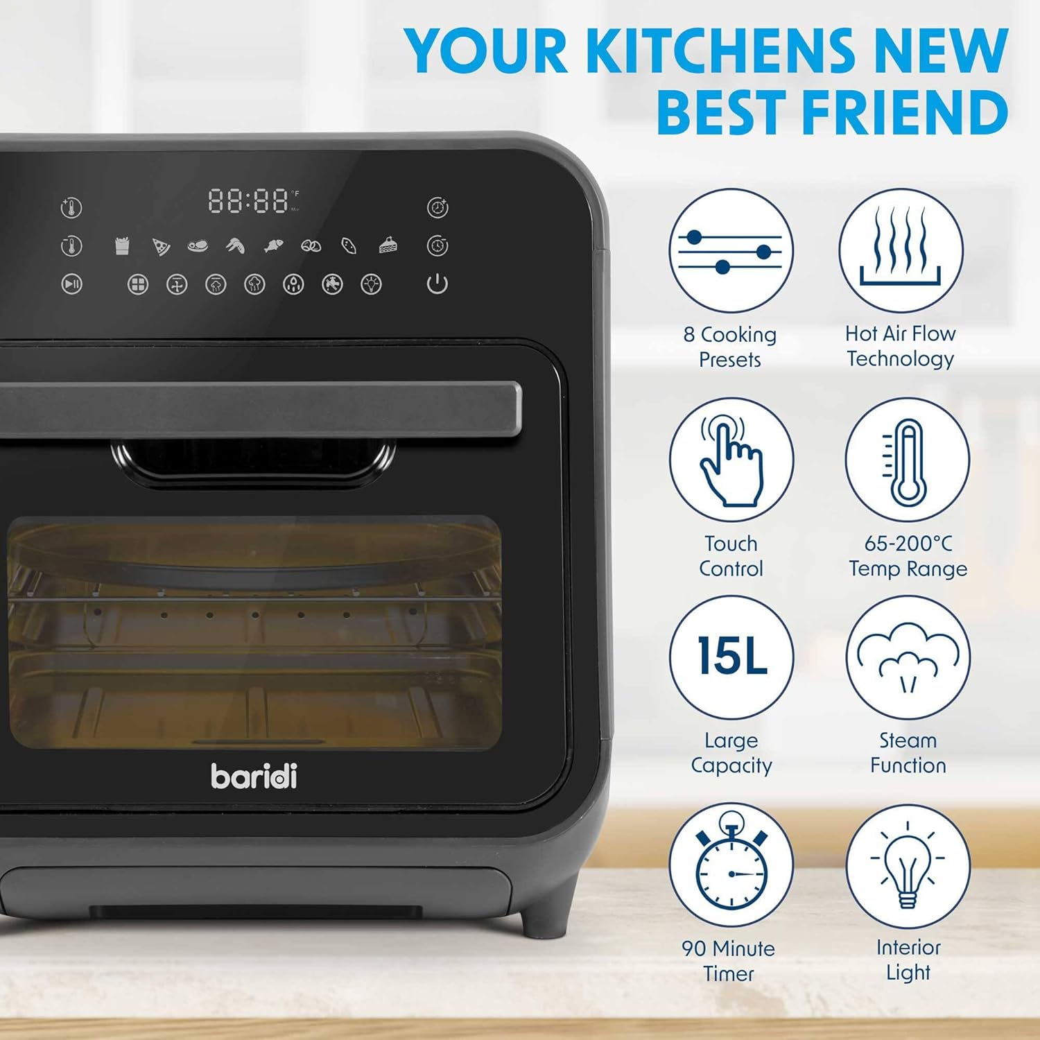 Baridi 12-IN-1 Air Fryer Steam Oven control panel with icons for presets and functions