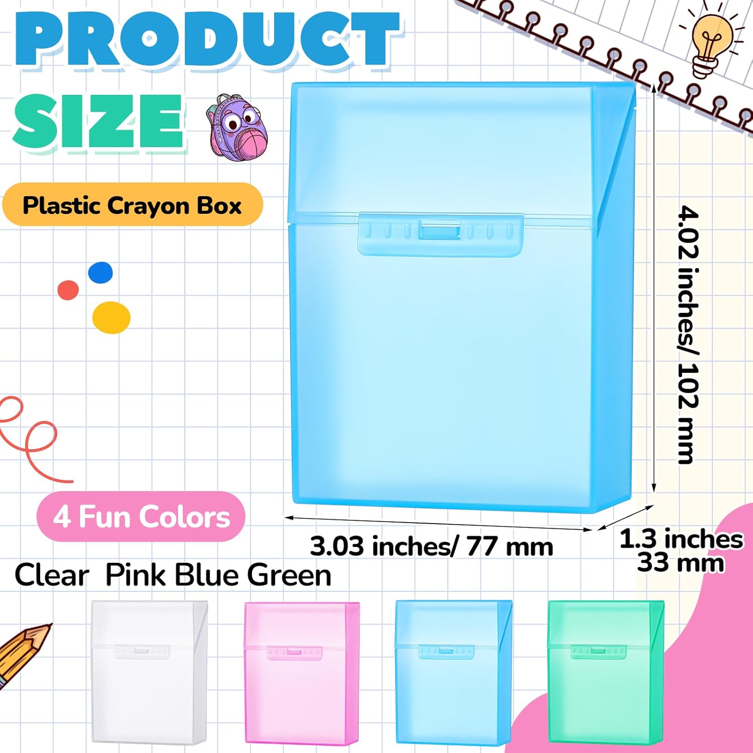 Clabby Plastic Clear Crayon Box Bulk Holds 24 Crayons Boxes With Hinged Lid and Snap Closure for Pens School Office Supplies Organization(Pink, Blue, Green, Clear,24 Pcs)