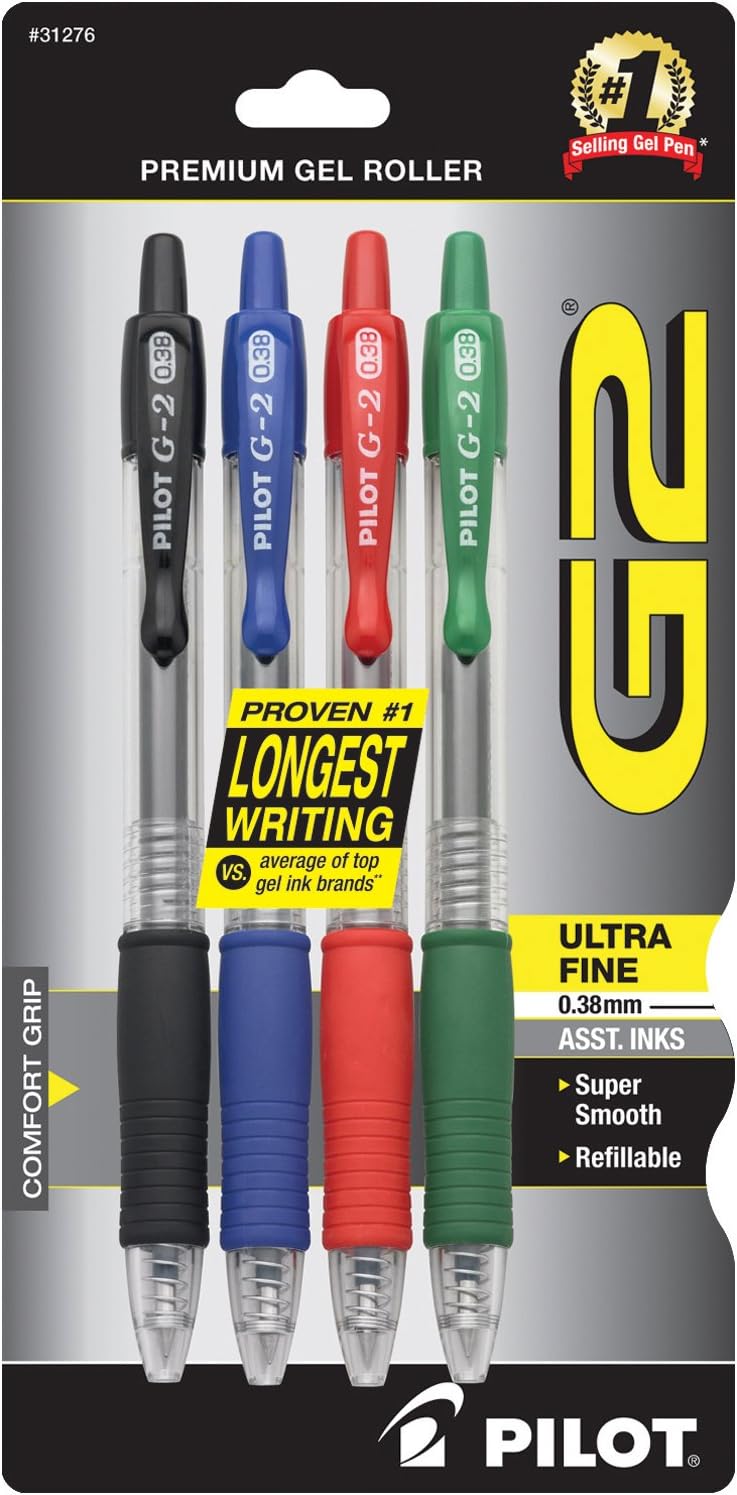 G2 Premium Refillable & Retractable Rolling Ball Gel Pens, Ultra Fine Point, Black/Blue/Red/Green Inks, 4-Pack (31276)
