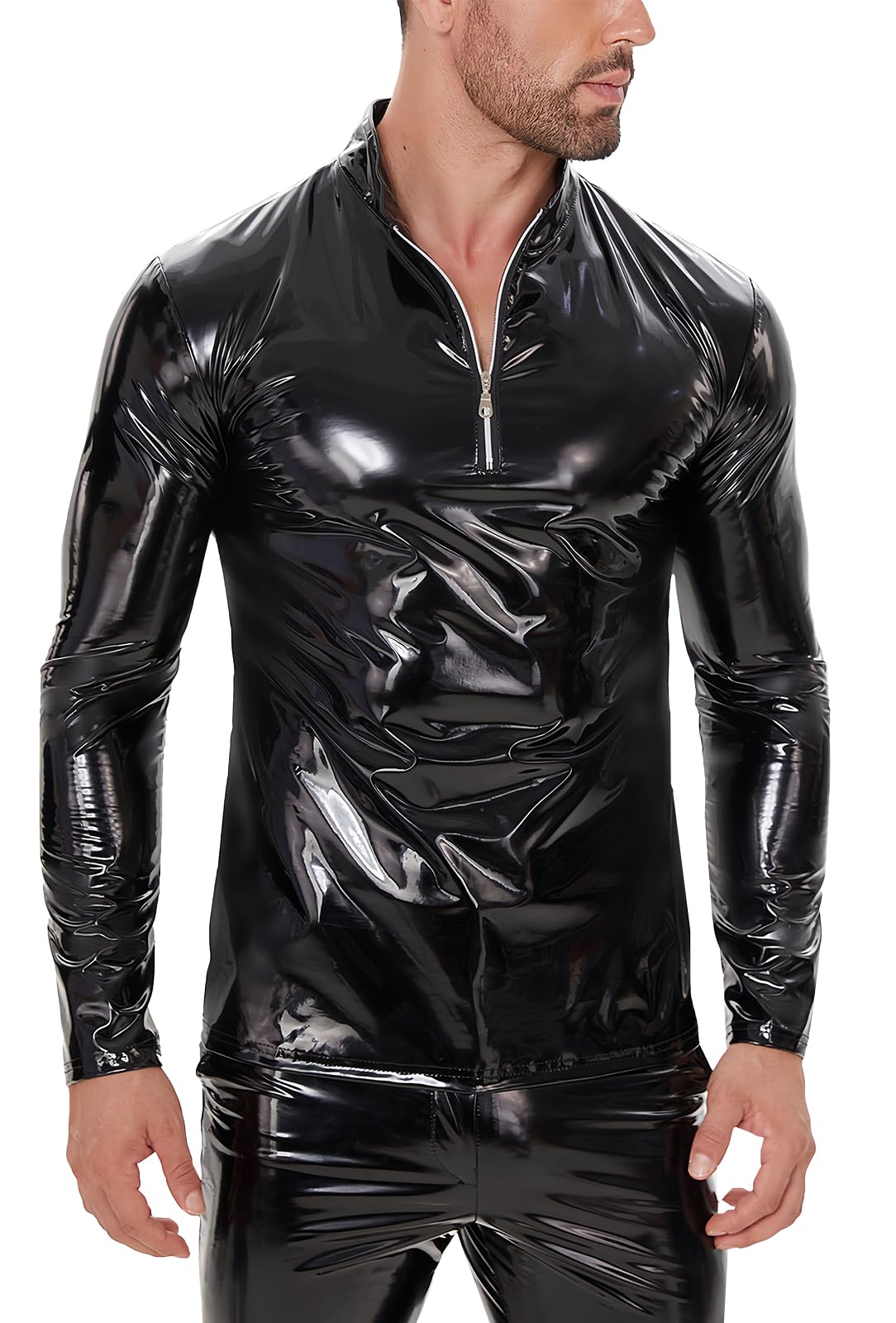 Panegy Men's Liquid Shiny Leather Shirt Jacket Slim Fit Wetlook Party Nightout Club 70s/80s Disco Blouse Tshirt